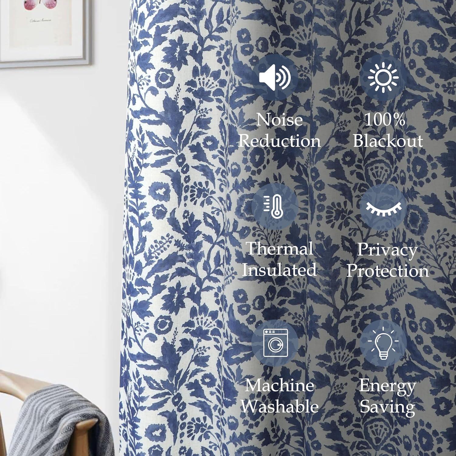 DriftAway Julia Watercolor Blackout Room Darkening Grommet Lined Thermal Insulated Energy Saving Window Curtains 2 Layers 2 Panels Each Size 96"L x 52"W Navy