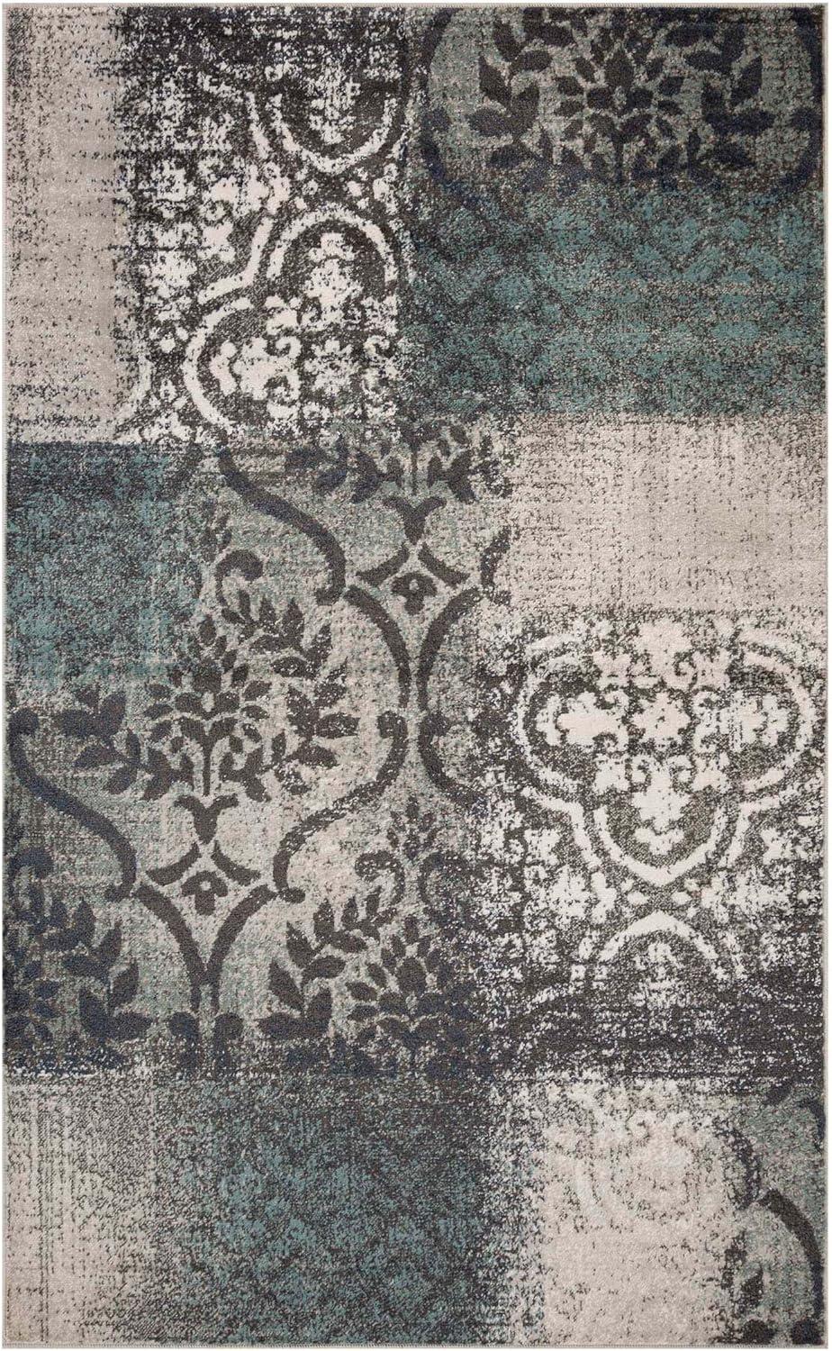 Rivulet Gray and Blue Abstract Damask 3' x 5' Area Rug