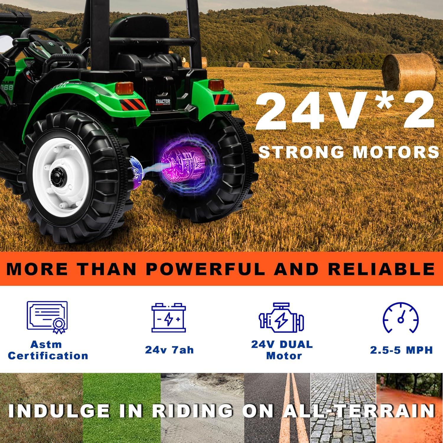 24V Green Ride-On Tractor with Trailer and Loader