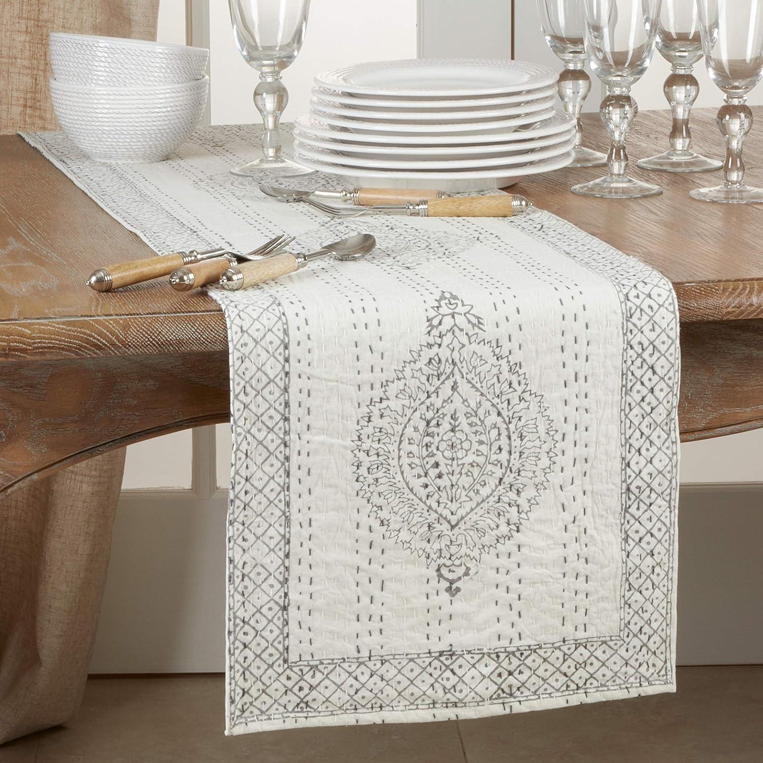 SARO 3239.GY1472B 14 x 72 in. Oblong Taj Kantha Stitch Table Runner with Block Print  Grey