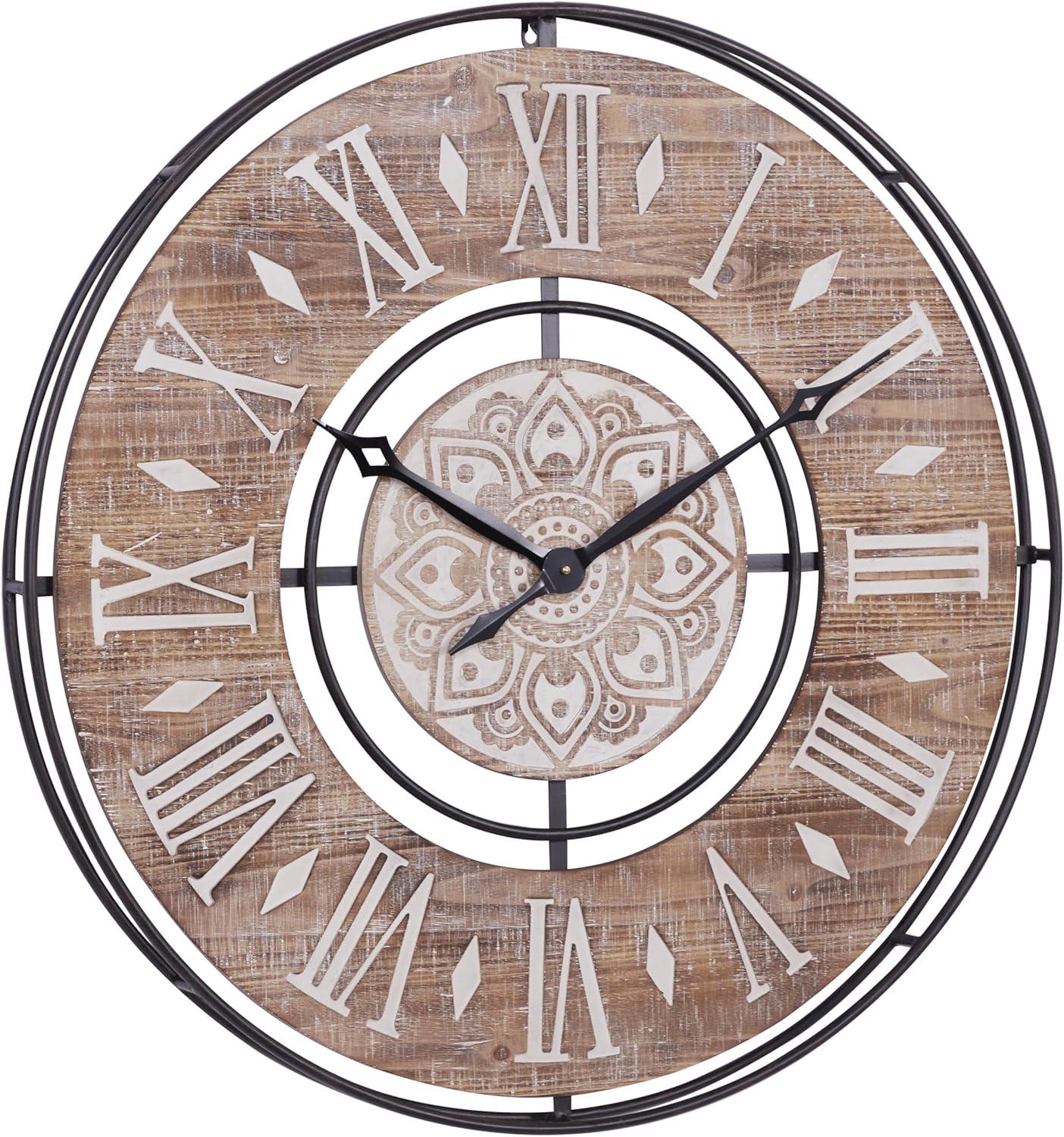 DecMode 34" Brown Metal Wall Clock with Wood Accents