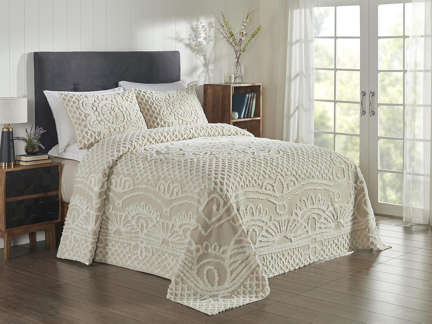 Full Size Beige Cotton Chenille Bedspread Set