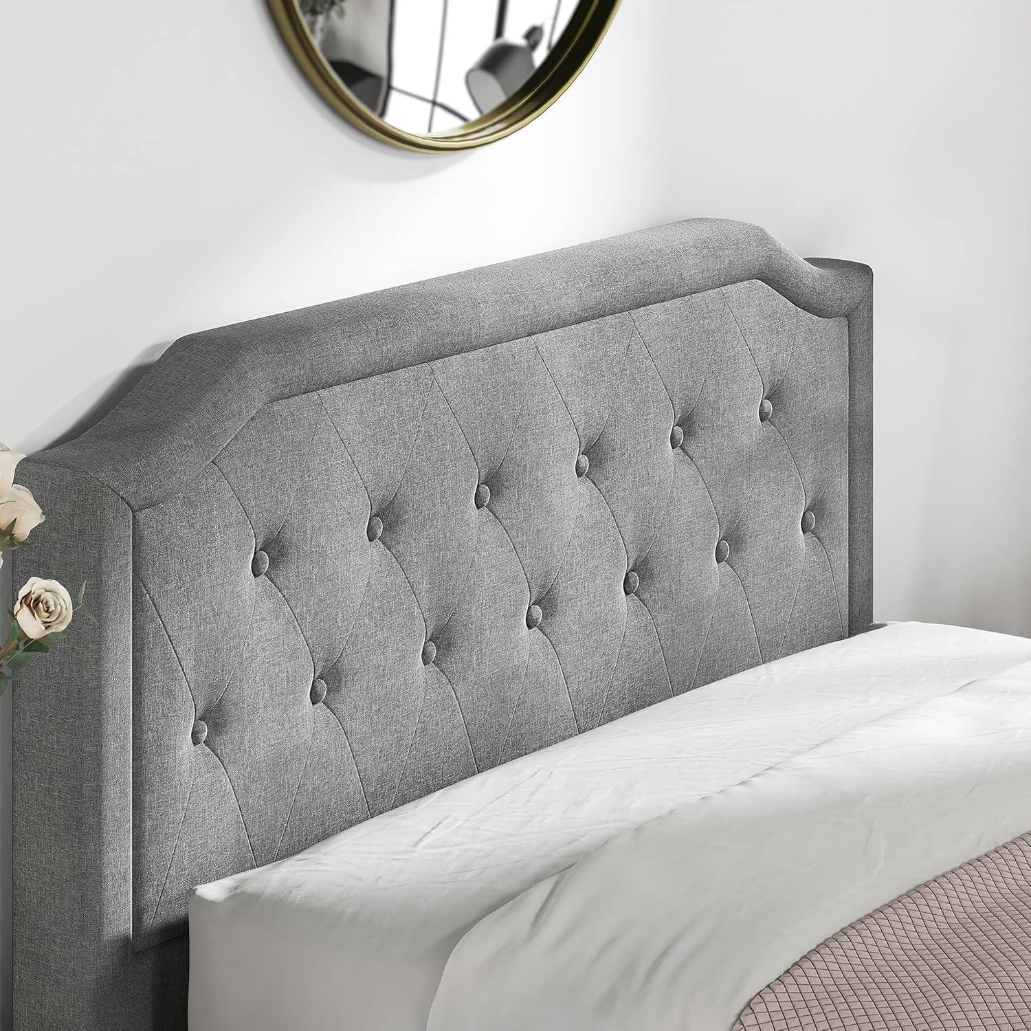 Queen-Sized Scalloped Edge Upholstered Platform Bed with Tufted Headboard