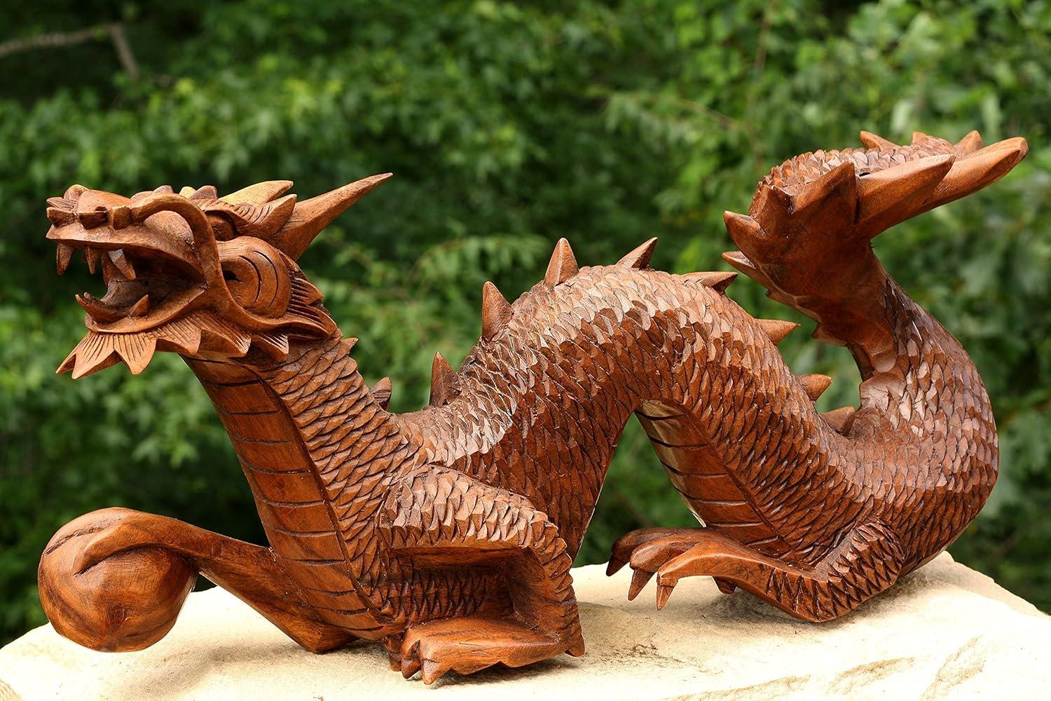 Handcrafted Suar Wood Dragon Statue, 12" Long