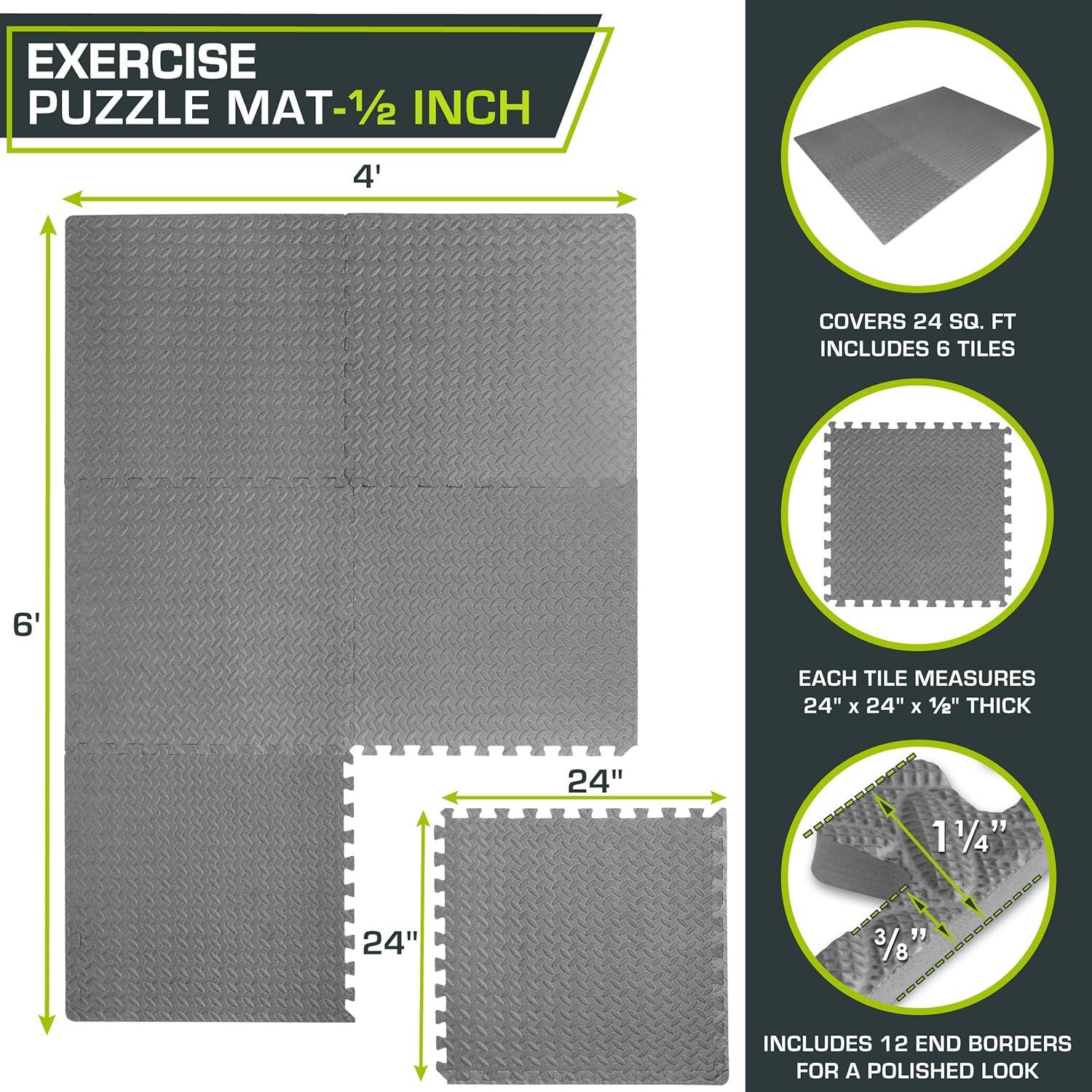 Exercise Puzzle Mat 1/2-in, Grey, 24 Sq Ft - 6 Tiles