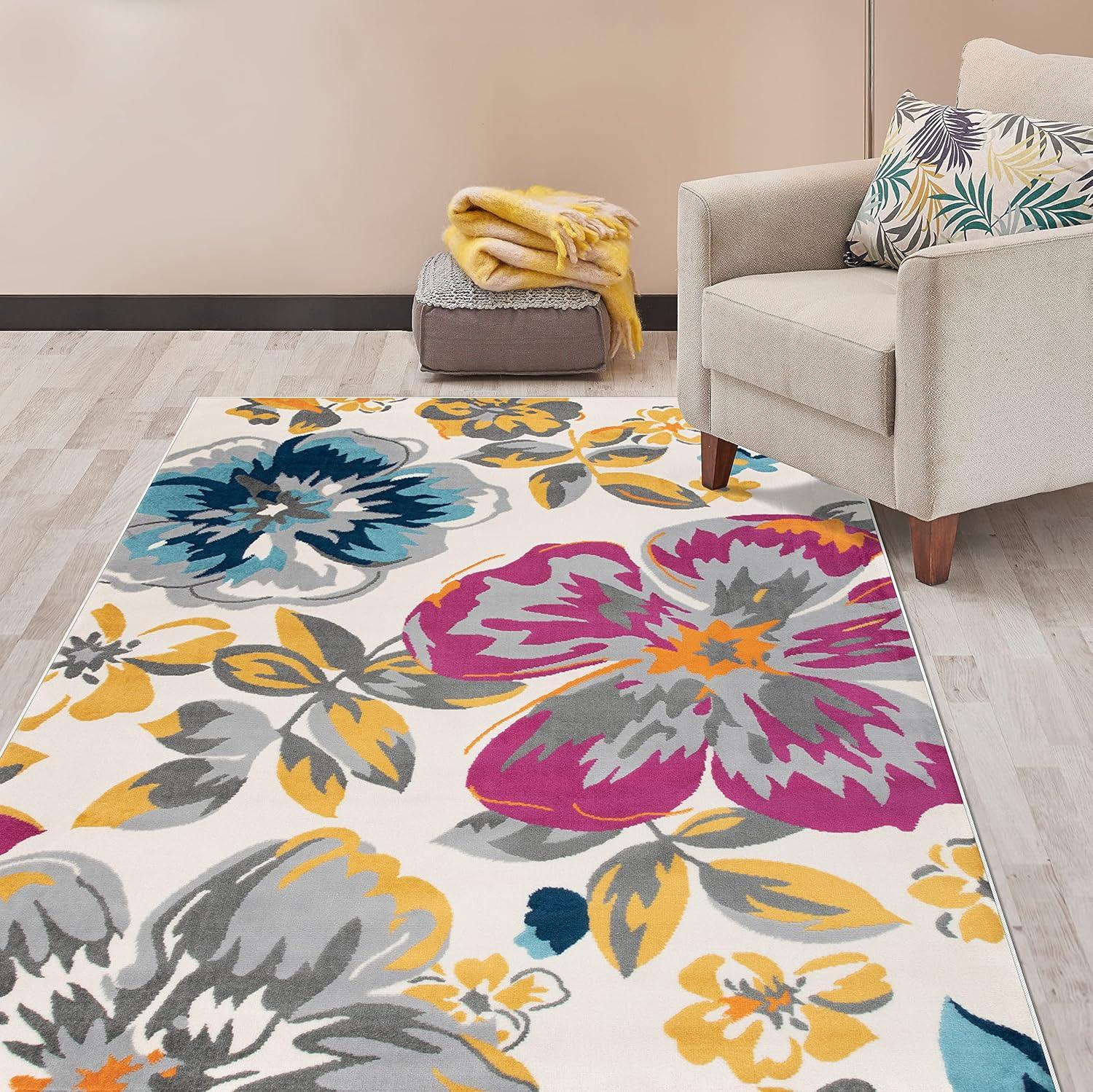 World Rug Gallery Modern Floral Design Multi 5' x 7' Area Rug:  Stain-Resistant,  Pet Friendly,  Low Pile,  Botanical Pattern