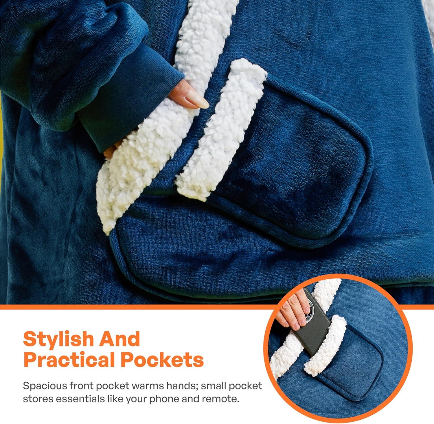 Giggling Getup Wearable Blanket Hoodie for Women Men - Oversized Flannel Sherpa Fleece Hooded Blanket - Soft Cozy Warm Blanket Sweatshirt Gifts with Giant Pocket and Sleeves for Adult Navy