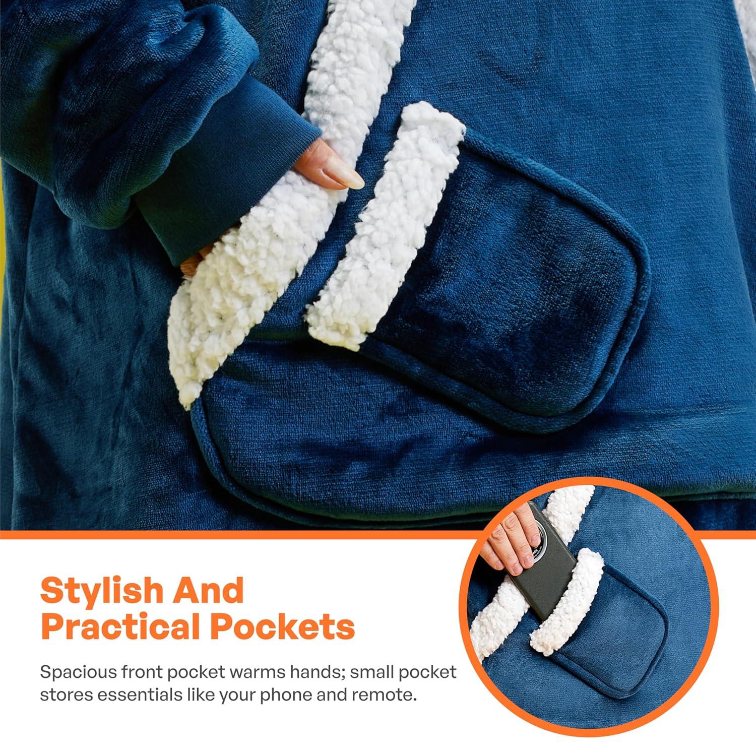 Giggling Getup Wearable Blanket Hoodie for Women Men - Oversized Flannel Sherpa Fleece Hooded Blanket - Soft Cozy Warm Blanket Sweatshirt Gifts with Giant Pocket and Sleeves for Adult Navy