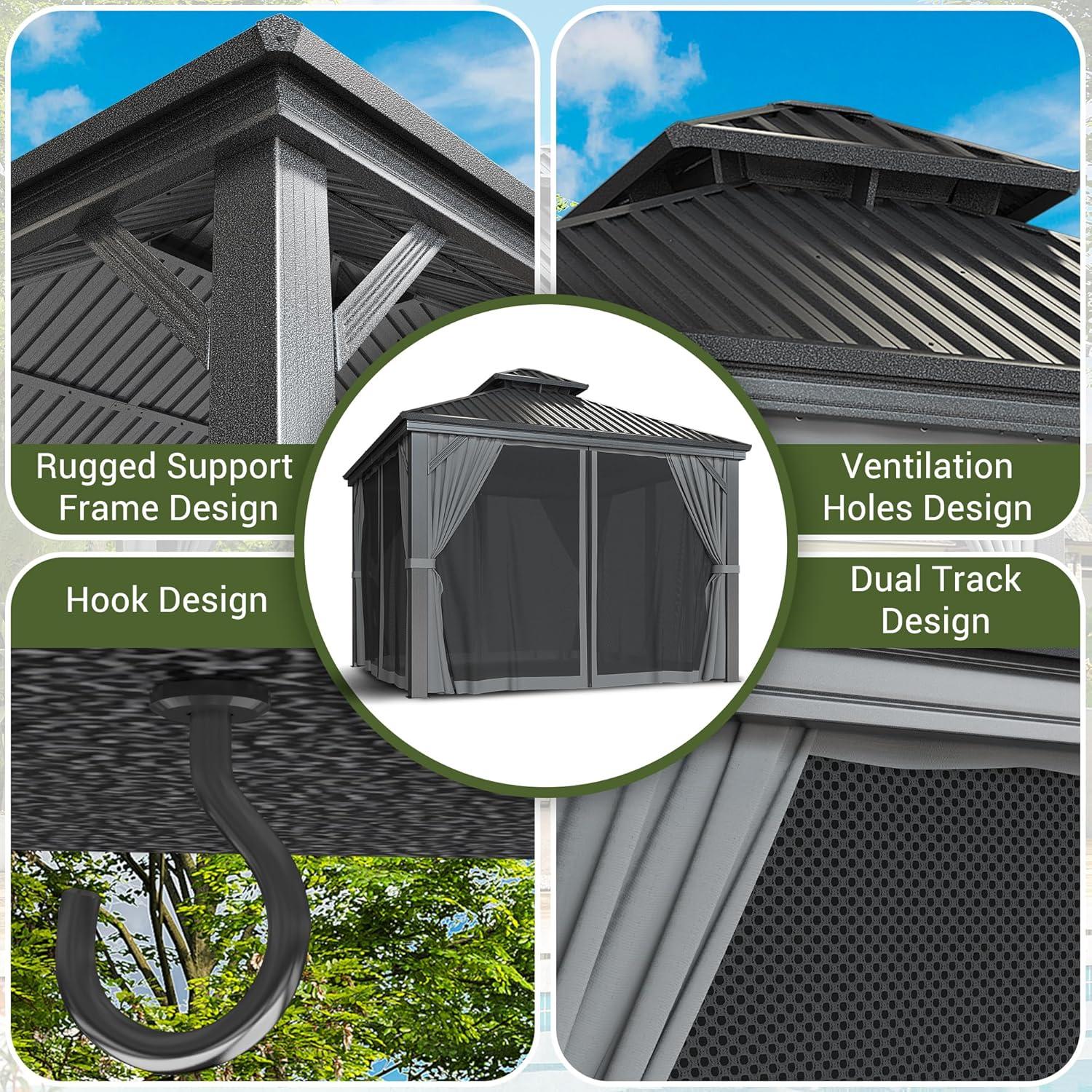 Ulax Furniture 10Ft x 12Ft Patio Hardtop Gazebo Outdoor Aluminum Pergola with Galvanized Steel Double Roof Canopy, Polyester Curtain and Mosquito Net, 10, Brown