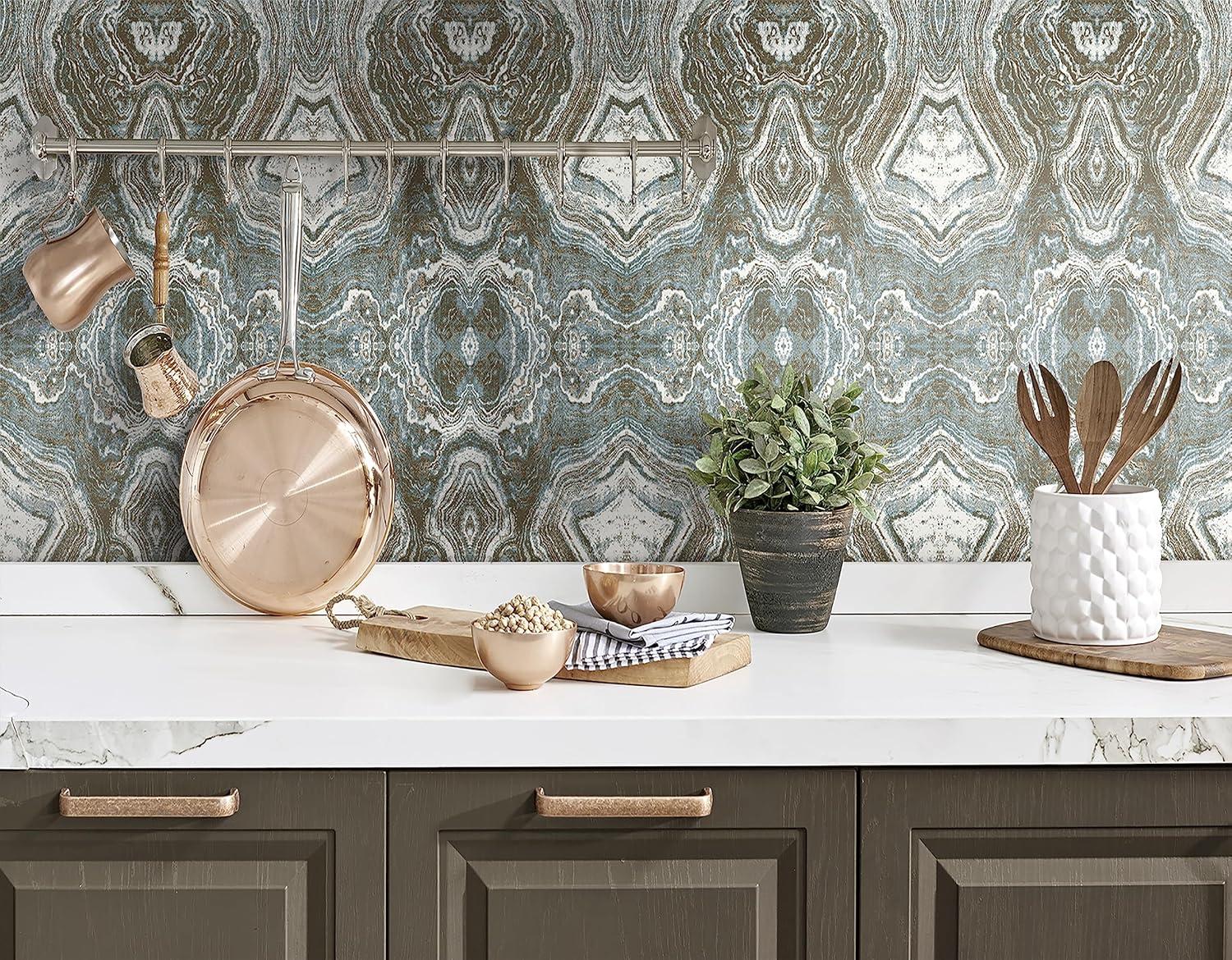 Patina Blue and Brown Geometric Peel and Stick Wallpaper