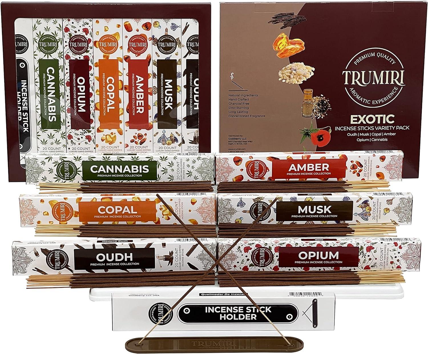 Trumiri Exotic Incense Sticks Variety Pack & Incense Burner - Gift Set - Inciensos Aromaticos - 120 Scented Sticks (6 fragrances x 20 pieces each) - Copal, Amber, Oud, Musk