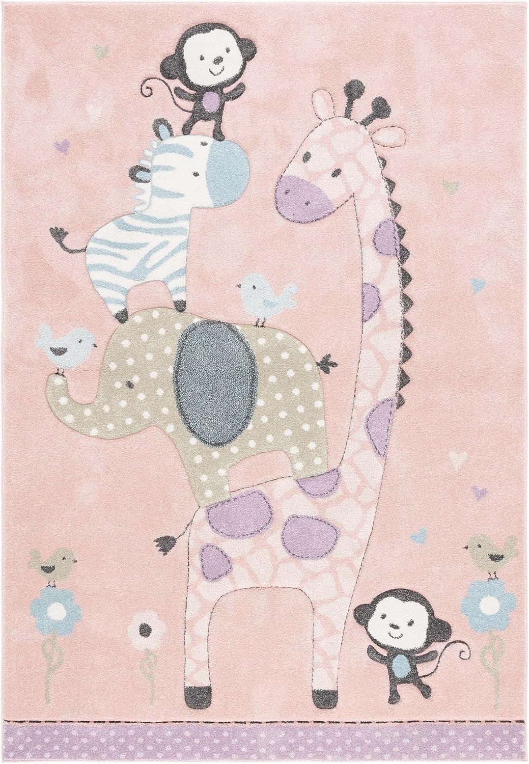 SAFAVIEH Carousel Kids Taneka Animals at Play Area Rug, Blush Pink, 4' x 6'