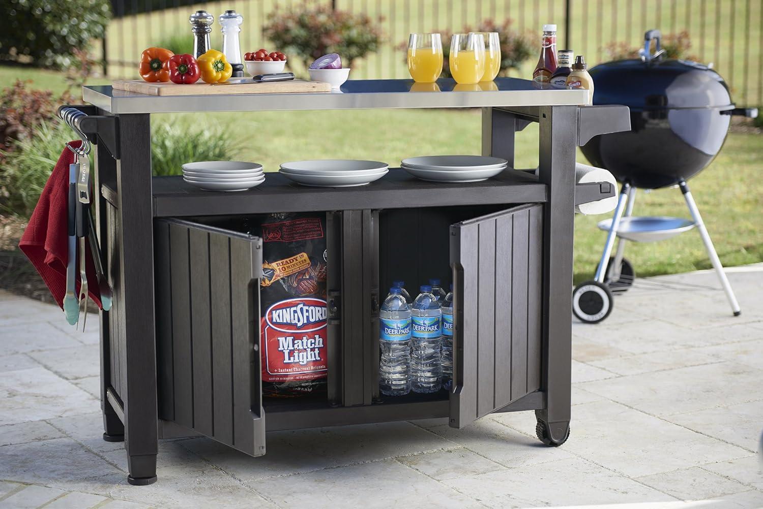 XL Dark Brown Resin Wicker Rolling Bar Cart with Stainless Steel Top