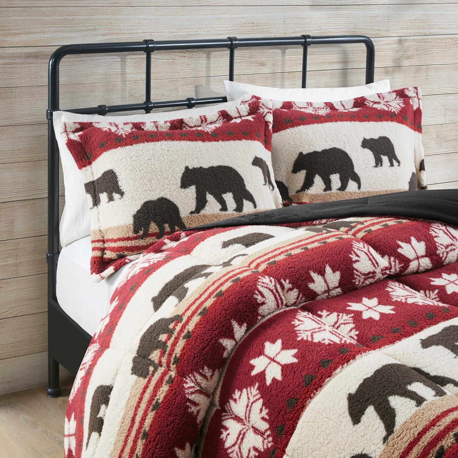 Woolrich Tunbridge Print Sherpa Comforter Set, Red/Black - King/Cal King