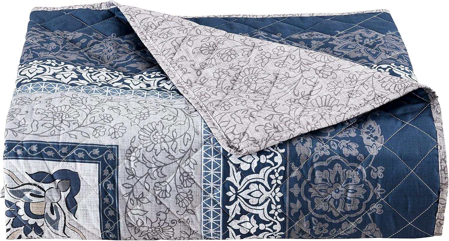 Sophisticated Elegance Full-Size Reversible Blue Floral Quilt Set