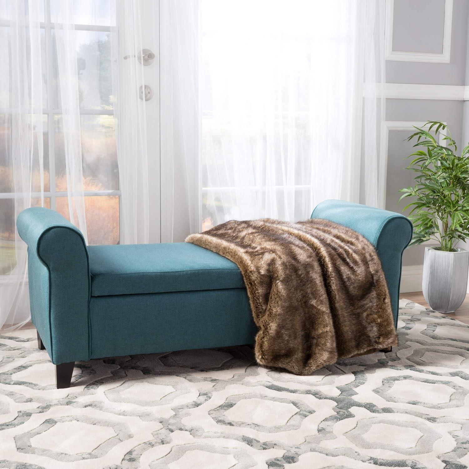 Darrington Dark Teal Fabric Rolled Arm Storage Ottoman Bench