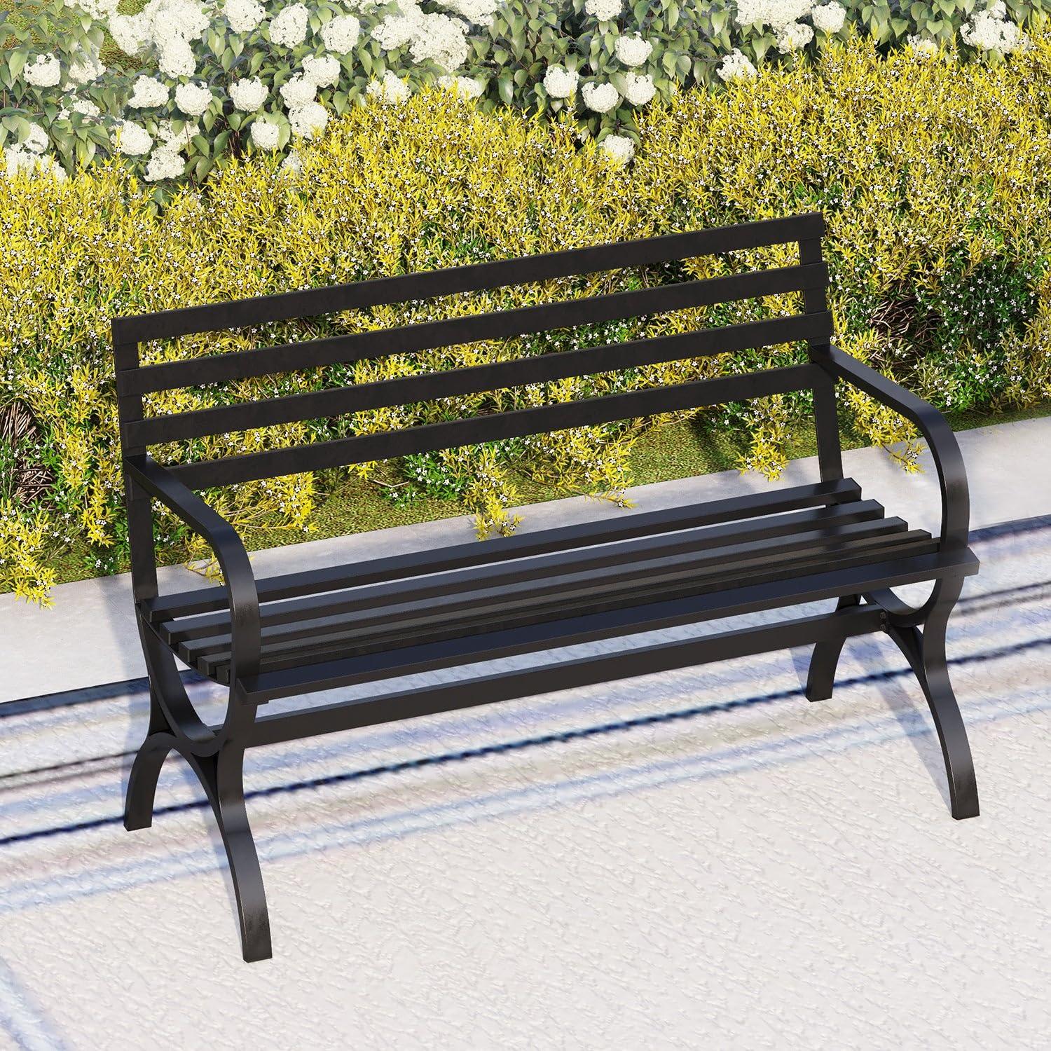PHI VILLA Outdoor Garden Bench, 48” Long Metal Steel Bench with Backrest and Armrests, Modern Slatted Design for Patio, Lawn, Yard, Porch - Black