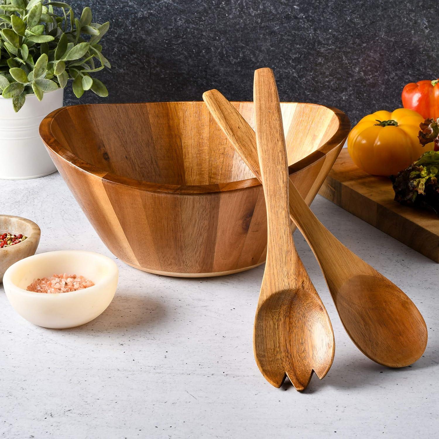 Sherwood Acacia Wood Salad Bowl with Serving Utensils, 10.25"