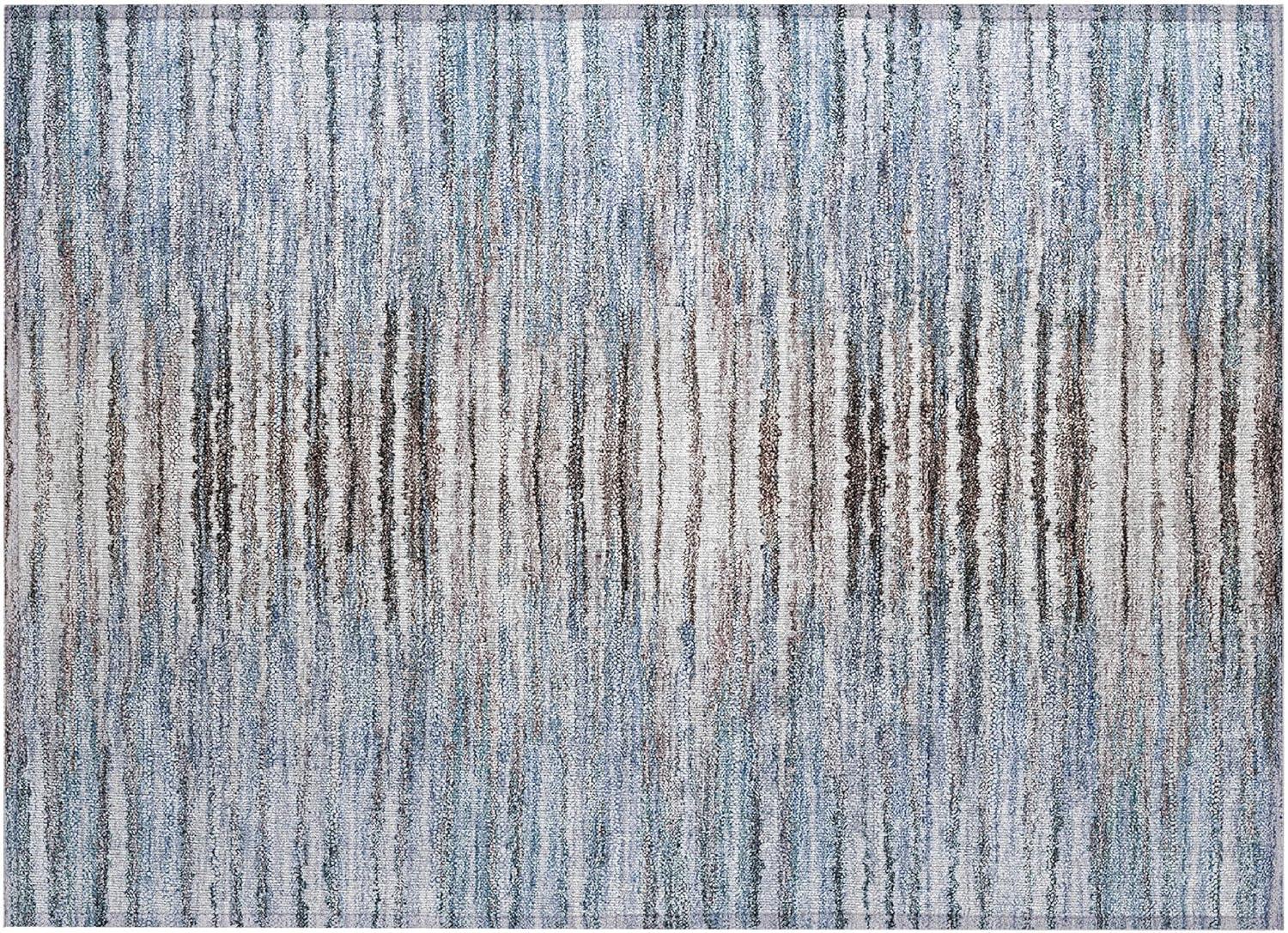 Sky Blue Striped Synthetic Washable Rectangular Rug