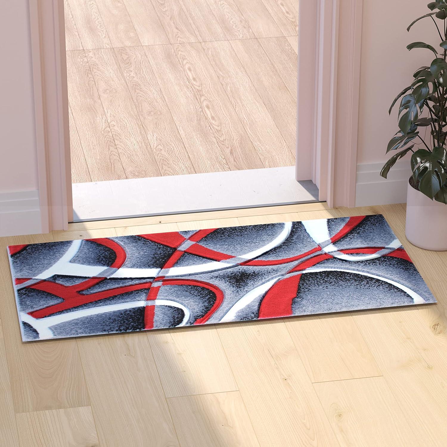 Flash Furniture Atlan Collection Abstract Area Rug - High Pile Red Olefin Rug - 4' x 4' Round Area Rug - Jute Backing - Hallway, Entryway, Bedroom