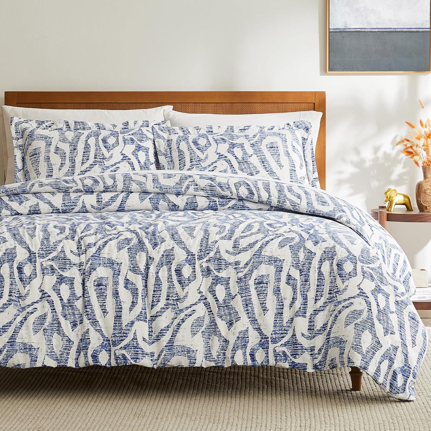 Indigo and White Microfiber California King Duvet Cover Set