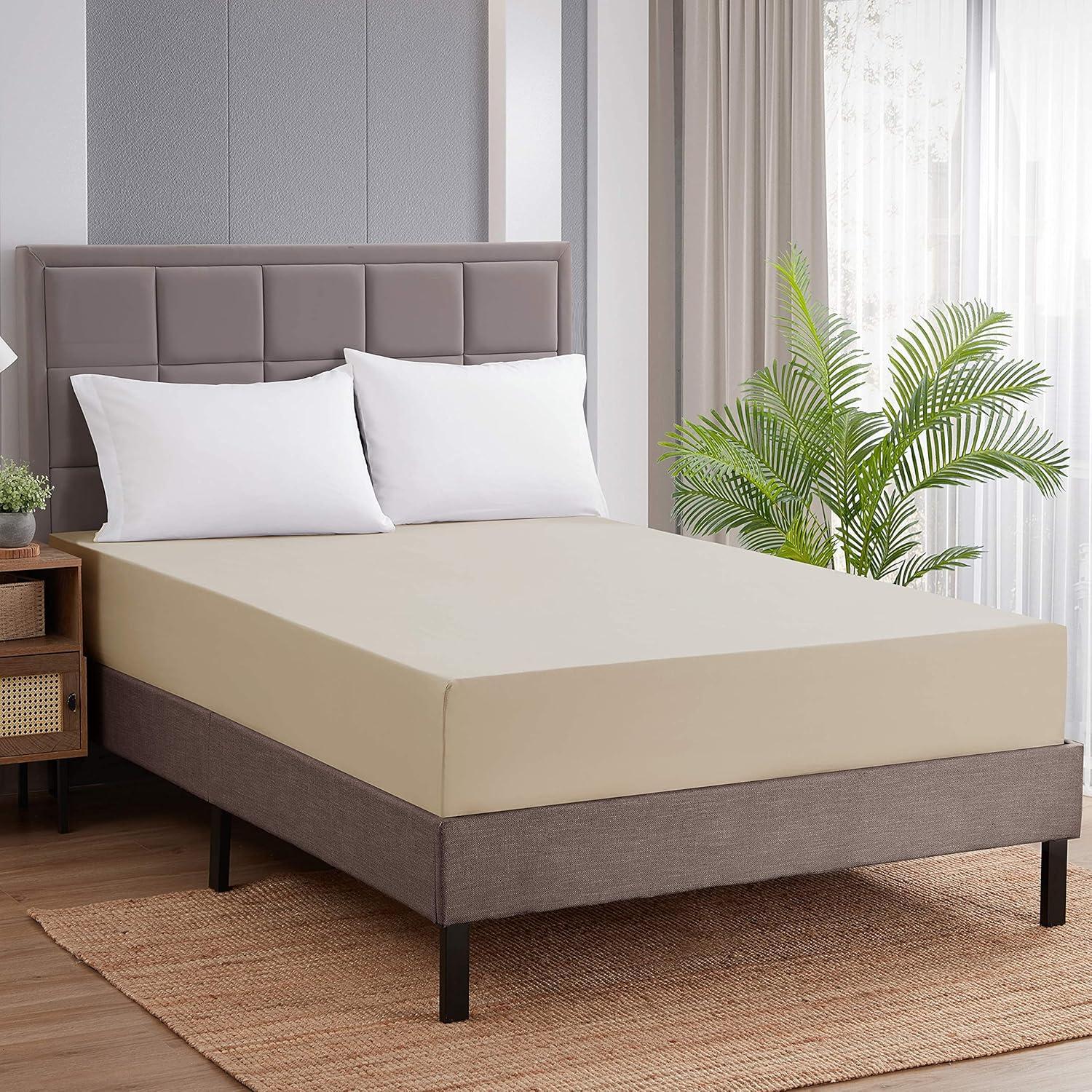 Fitted Sheet Brushed Microfiber Bottom Sheets with Built in Sheet Straps by Sweet Home Collection® - Twin, Beige