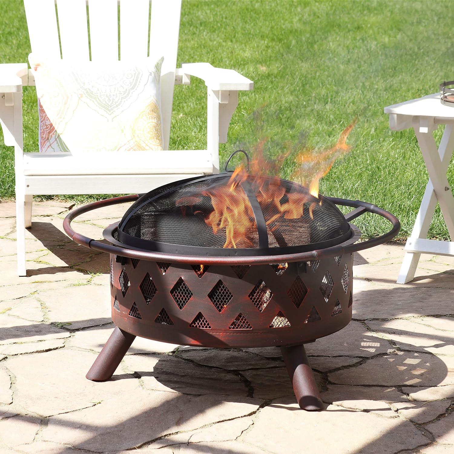 Mast Round Wood-Burning Bronze Finish Crossweave Fire Pit with Screen and Poker