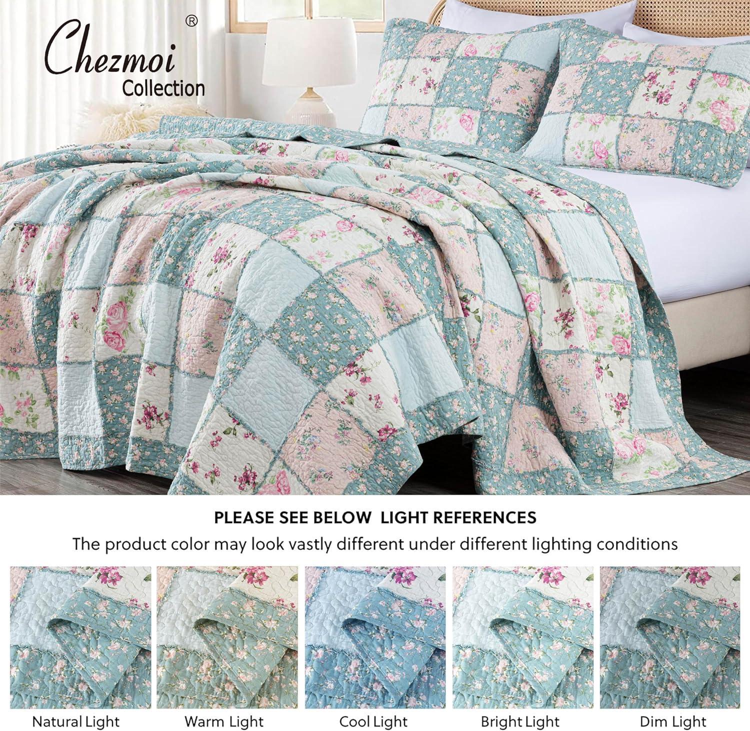 Chezmoi Collection 3-Piece Floral Pre-Washed Cotton Ruffle Trim Patchwork Quilt Set, Queen