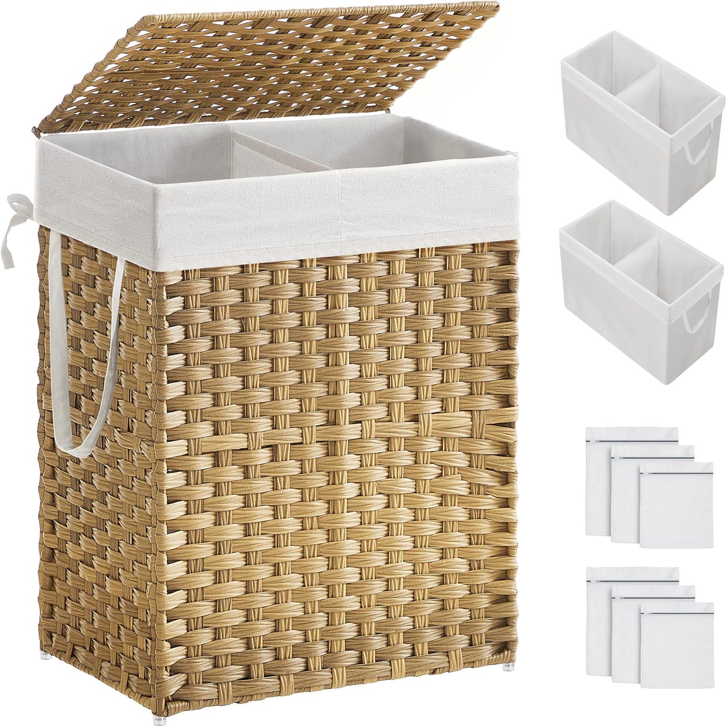 Natural Wicker Collapsible Laundry Hamper with Lid and Liners