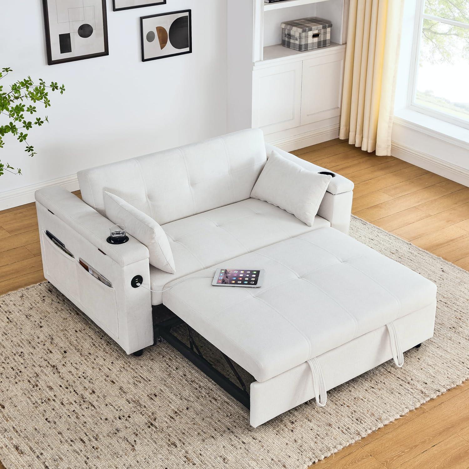Neretva  54" Pull Out Sleeper Sofa Bed 3-in-1 Convertible Futon Couch with Pullout Bed, Cupholders,Reclining Backrest, Storage Pockets,USB Power Outlet – Modern Space Lounge Furniture for Living Room
