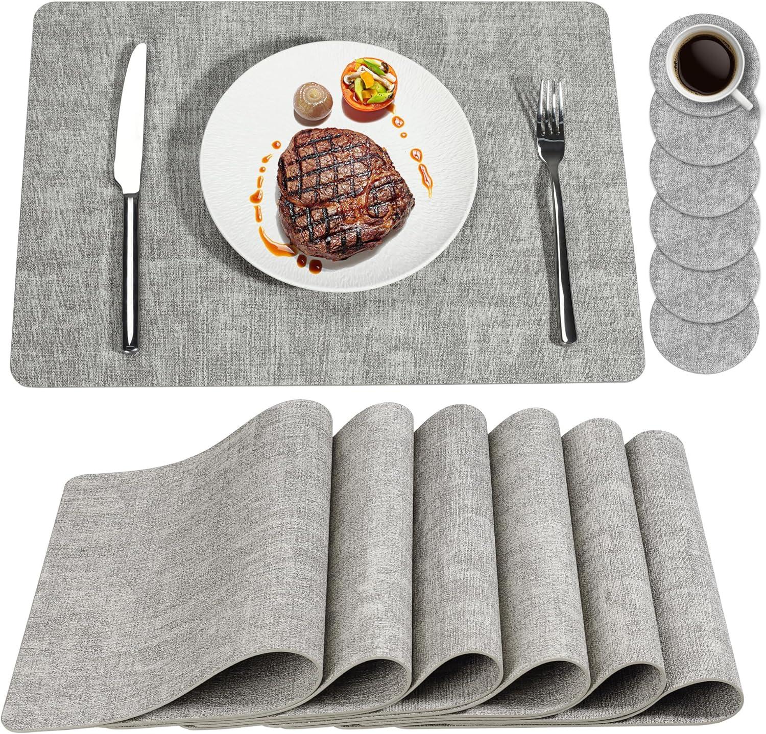 FOCUSLINE Faux Leather Placemats Set of 6, Light Grey Table Place Mats, Waterproof and Non-Slip Dining Table Mats for Indoor & Outdoor Use