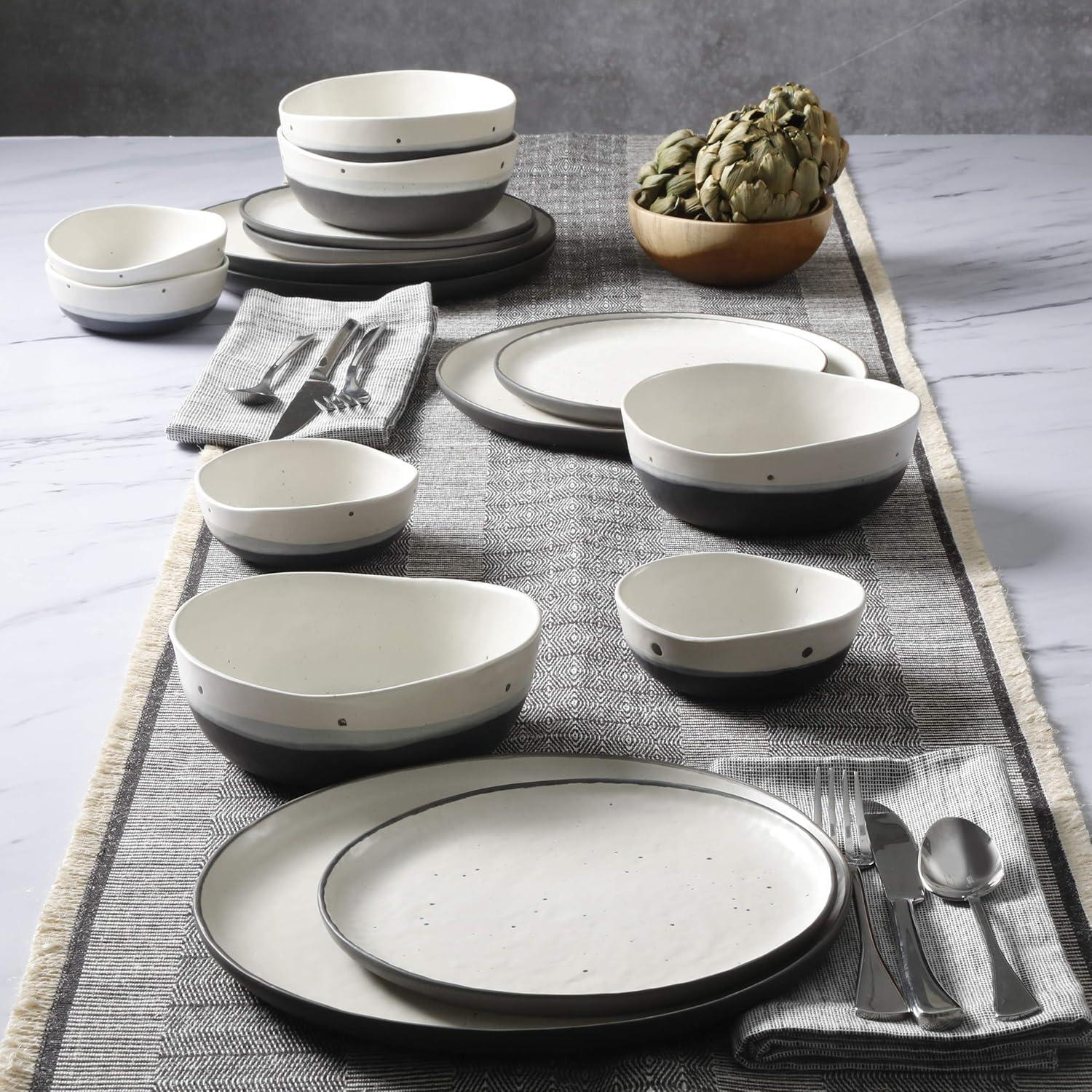 Cream and Gray Ceramic Reactive Glaze Dinnerware Set, Service for 4