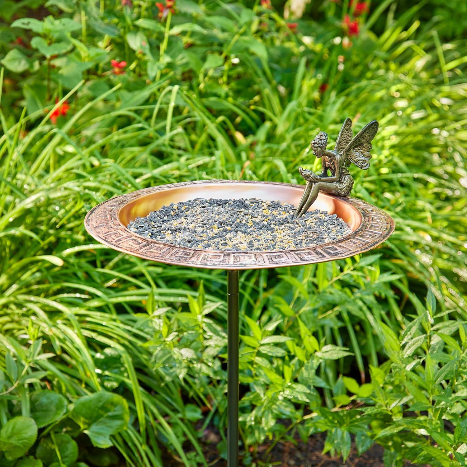 18" Copper Greek Bird Bath with Fairy and Garden Stake