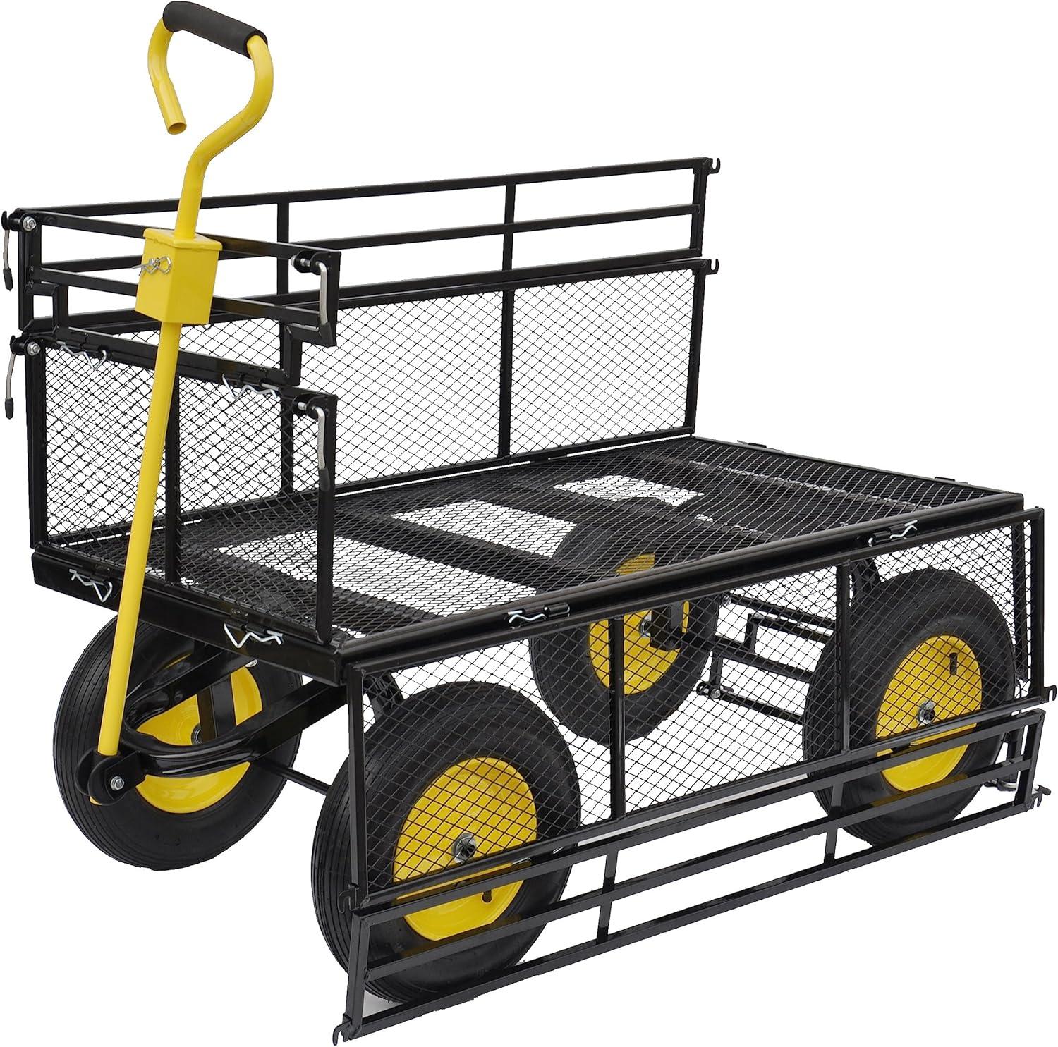 Large Black and Yellow Metal Garden Cart with Pneumatic Tires