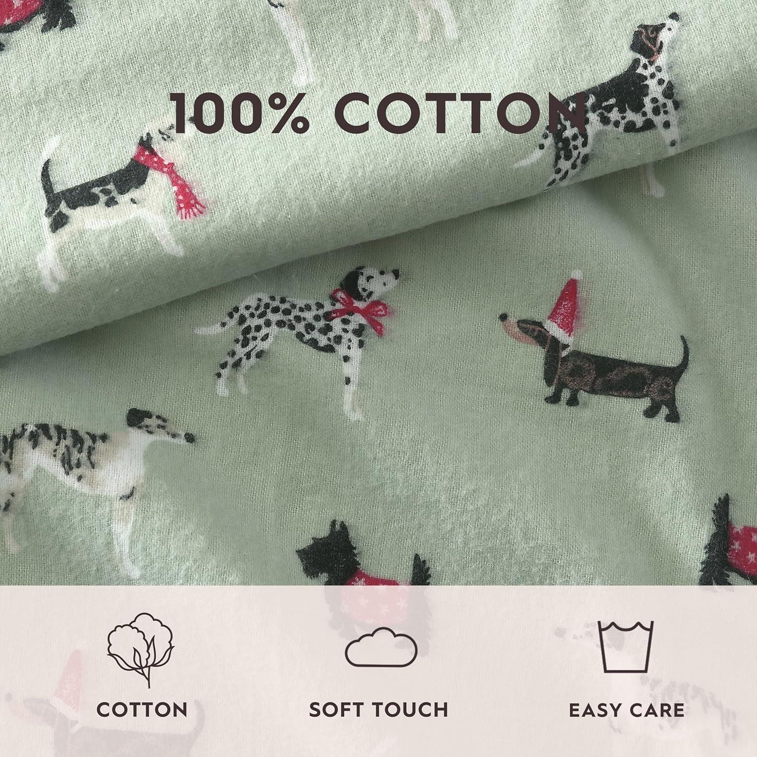 Laura Ashley - Full Sheet Set, Cotton Flannel Bedding, Brushed for Extra Softness & Comfort (Holiday Pups Green, Full)