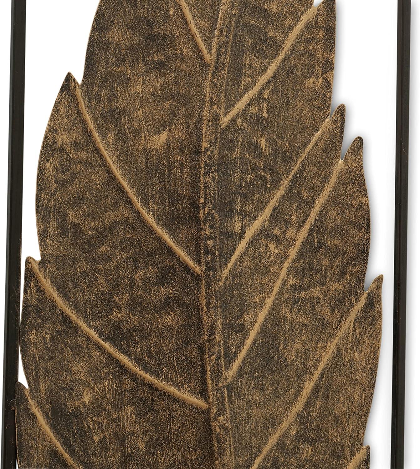 Modernist Abstract Leaf Wall Sculptures, Set of 3, Lacquered Antique Golden Gilt Over Metal, Black Frames, Brushed Tonal Finish, Cut-Out Details,