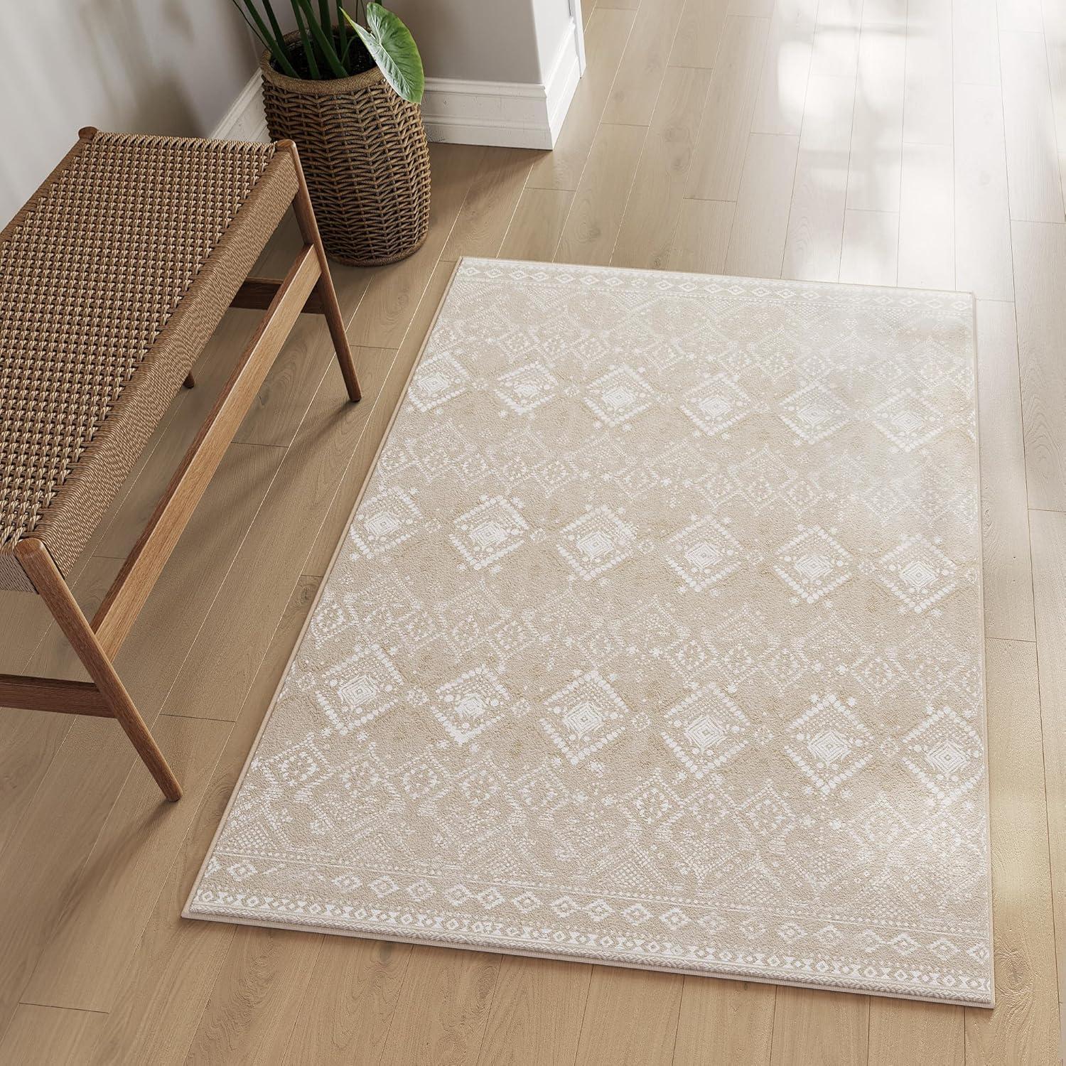 Cappuccino Beige Bohemian Washable Non-Slip Area Rug