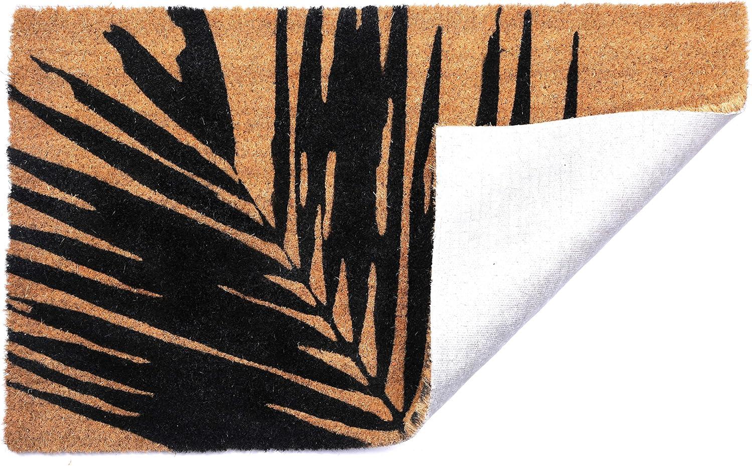 FH Home Non Slip Doormat - Durable, Thin - Natural Coir & Rubber - Entryway, Front Door, Porch, Patio - Summertime Palm Leaf Black/Natural (18" x 30" Non-Slip)