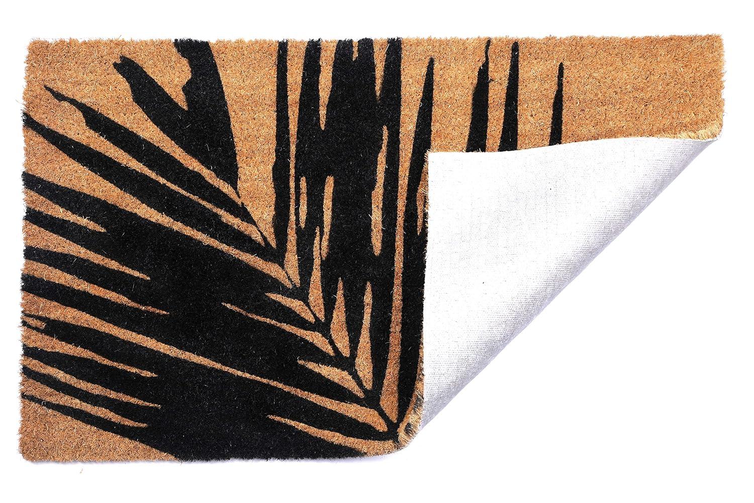 FH Home Non Slip Doormat - Durable, Thin - Natural Coir & Rubber - Entryway, Front Door, Porch, Patio - Summertime Palm Leaf Black/Natural (18" x 30" Non-Slip)
