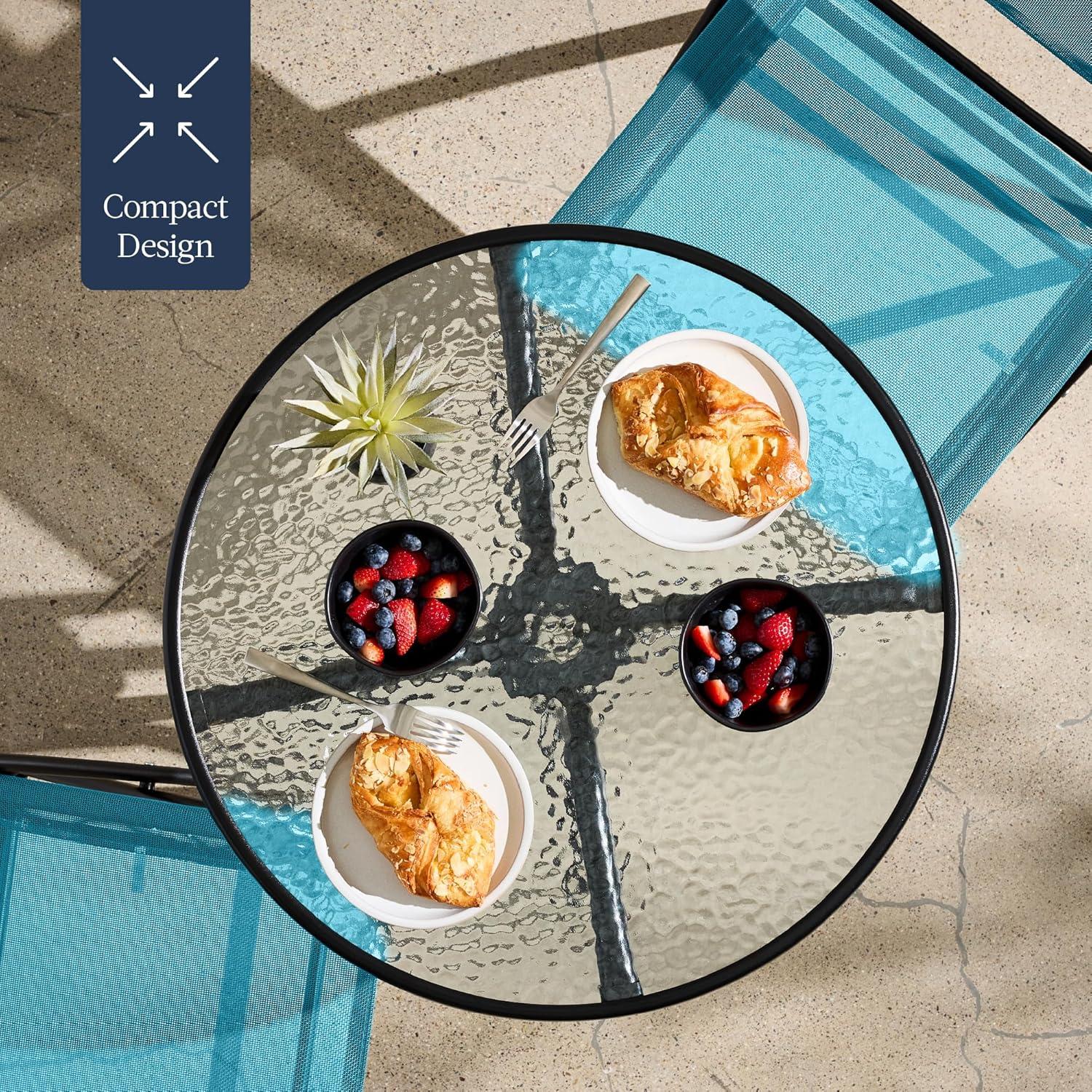 George Oliver 3-Piece Patio Bistro Dining Furniture Set W/ Glass Tabletop, Folding Chairs