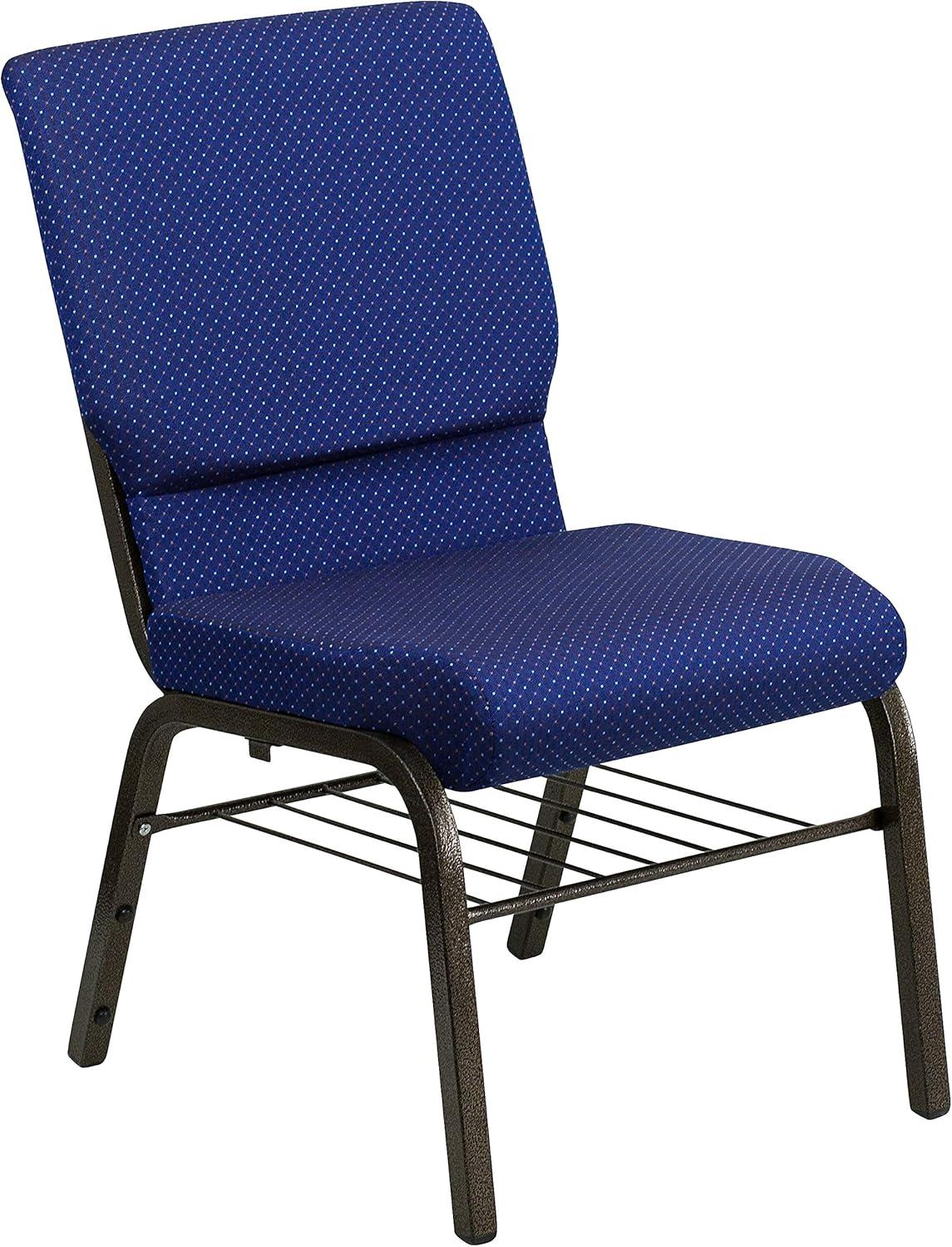 BizChair 18.5''W Church Chair in Navy Blue Patterned Fabric with Book Rack - Gold Vein Frame