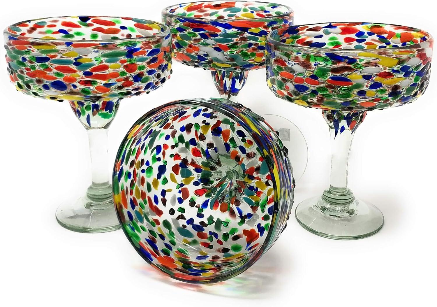 Hand-Blown Multicolor Confetti Margarita Glasses Set of 4