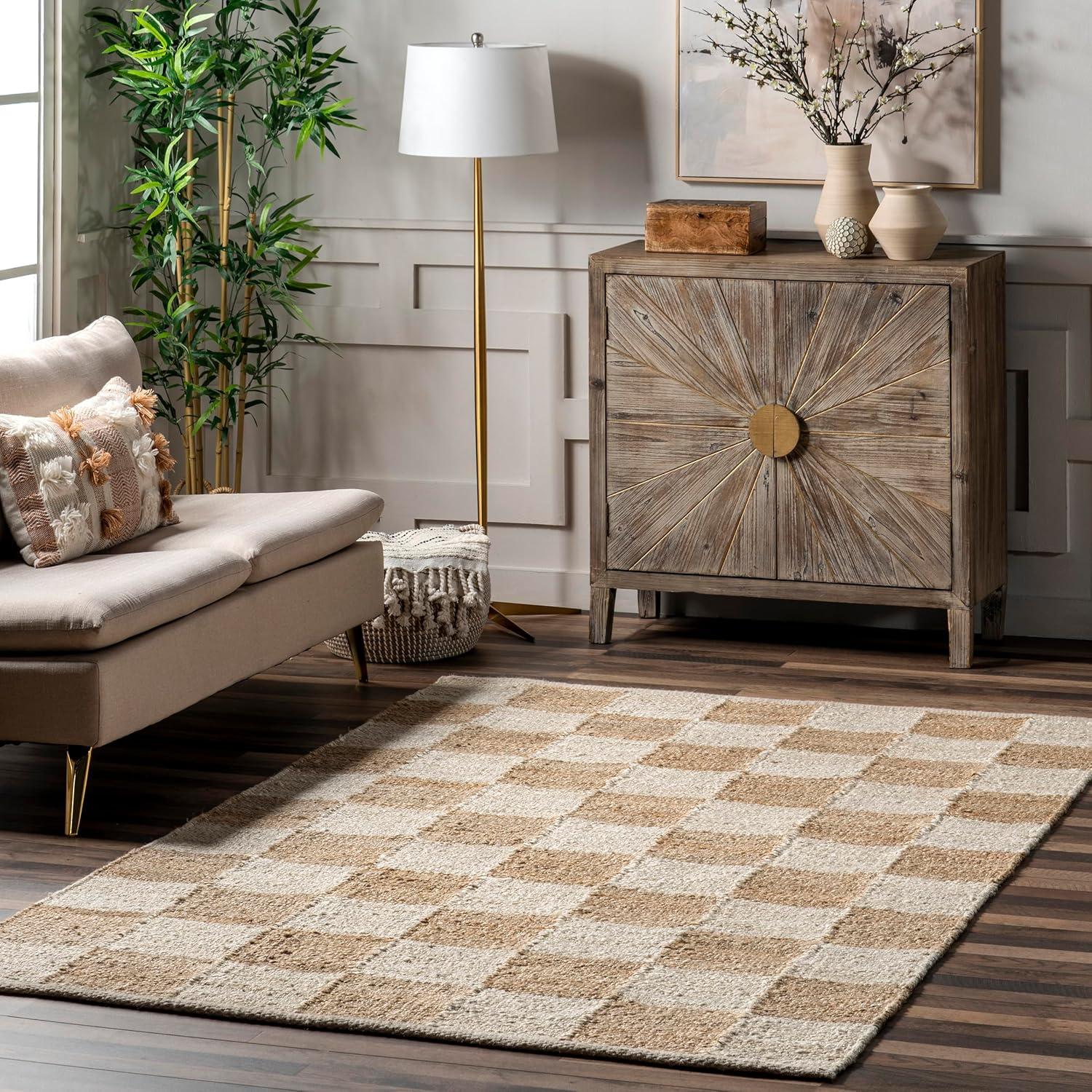 Ivory and Beige Checkered Cotton Jute Rectangular Rug