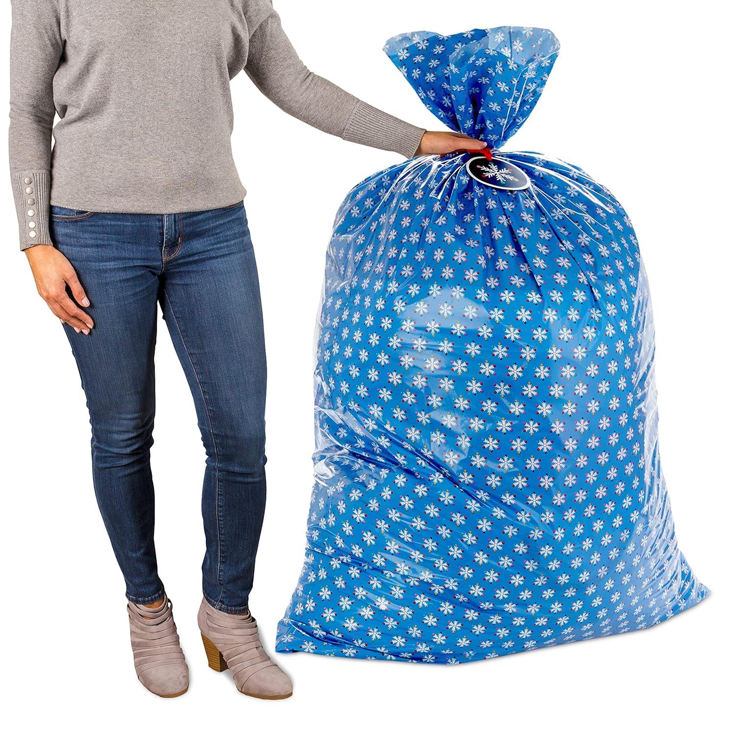 Hallmark Jumbo Plastic Christmas Gift Bags with Gift Tags and Tie Cords (2 Bags: Santa Claus Face, Rainbow Snowflakes on Blue)