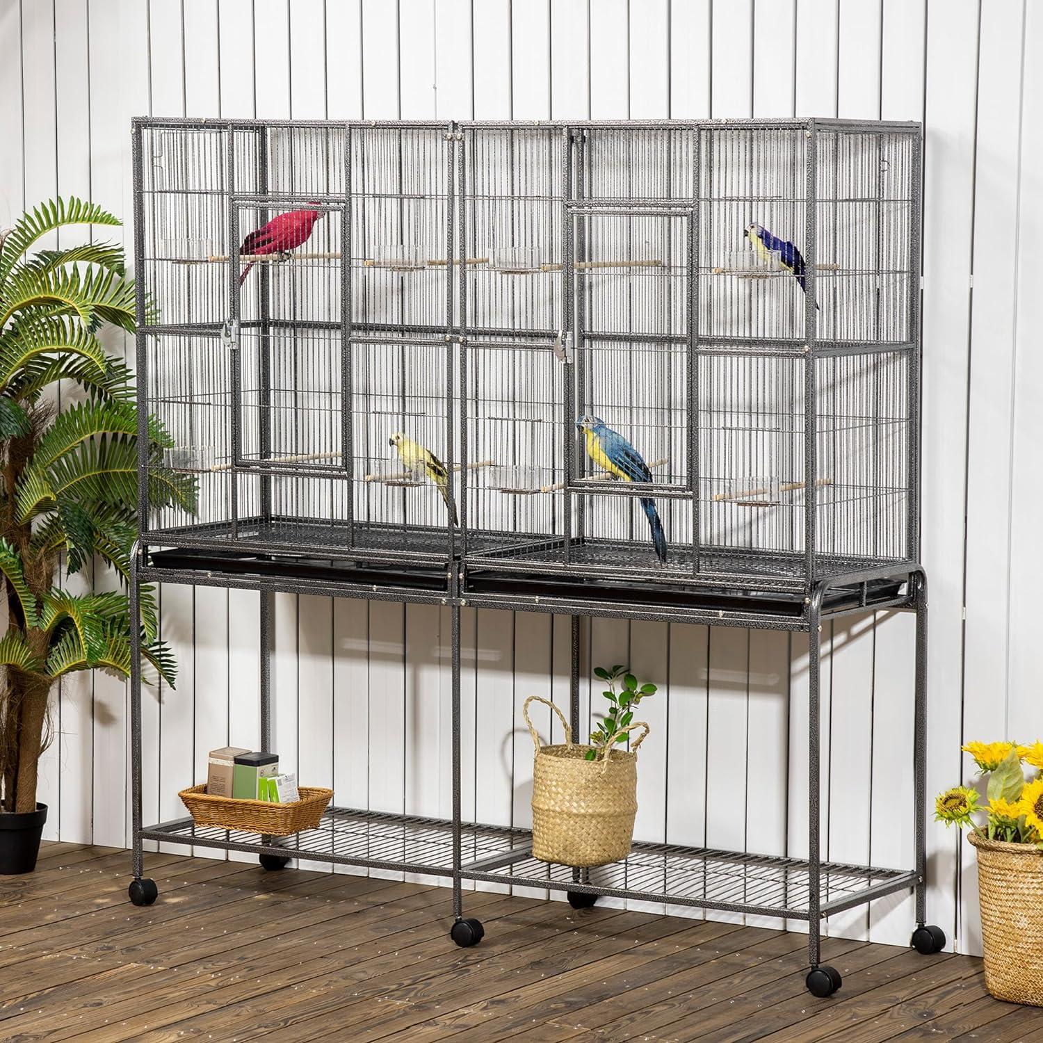 PawHut 65" Multicolor Metal Bird Cage with Rolling Stand and Storage Shelf