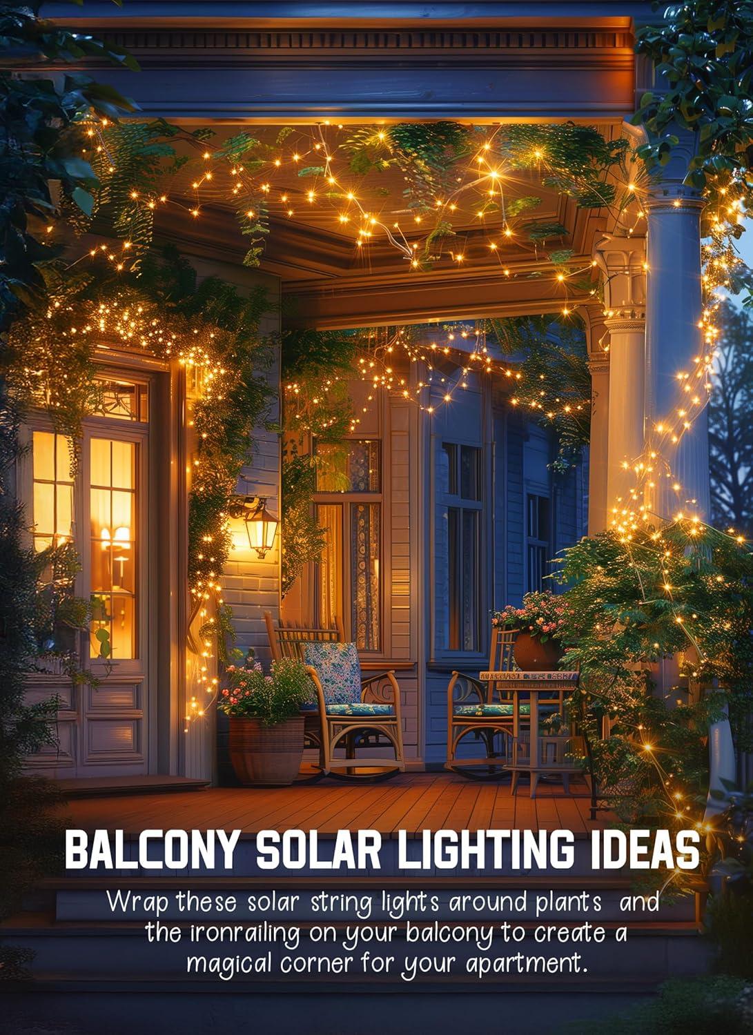 Minetom Solar String Lights for Outside, 33Ft 100 LED Outdoor Solar Fairy Lights, 8 Modes Balcony Lights for Tree Patio Christmas Party Wedding Decor (Warm White)