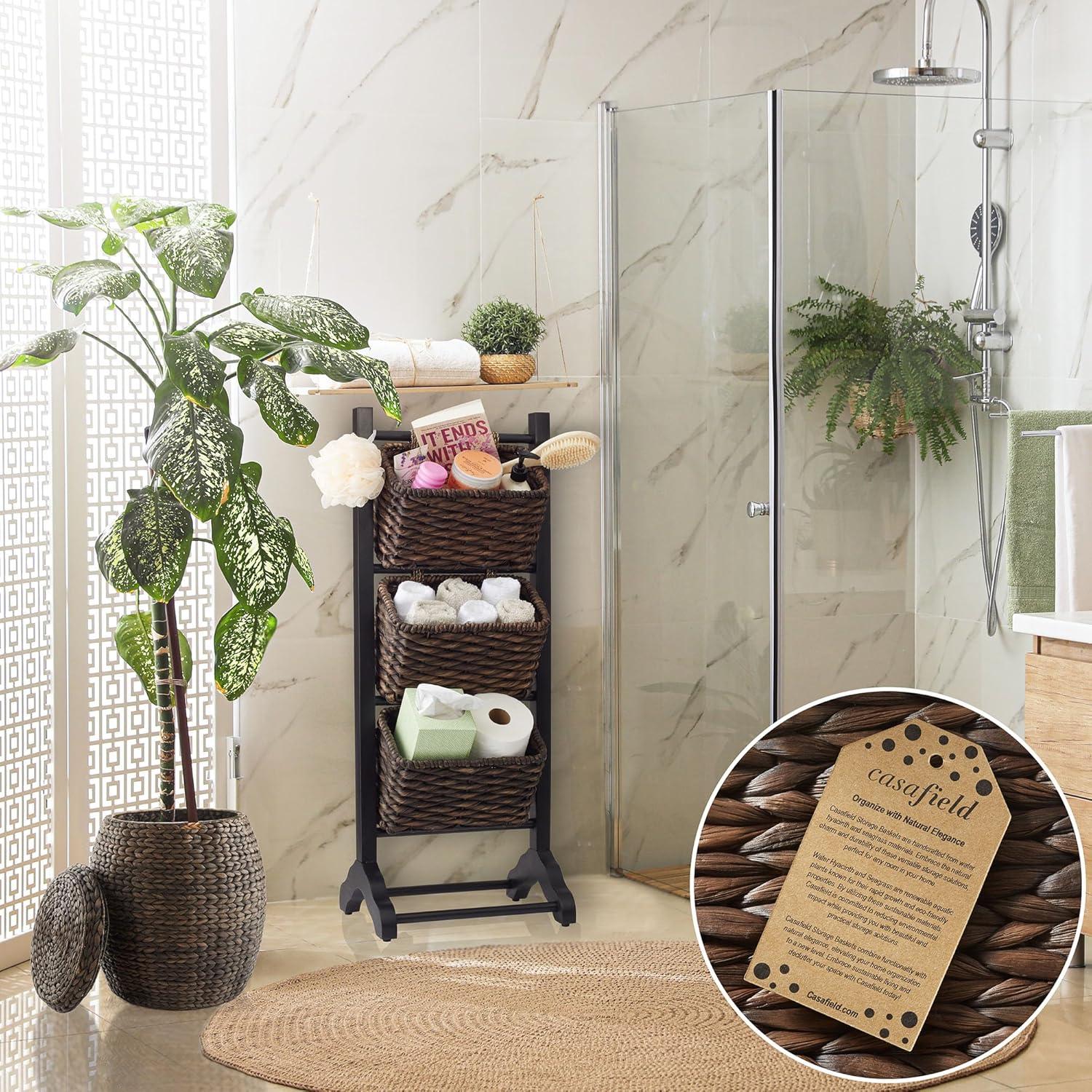Casafield 3-Tier Floor Stand with Hanging Storage Baskets, Black/Espresso - Wood Tower Rack for Bathroom, Kitchen, Laundry, Living Room