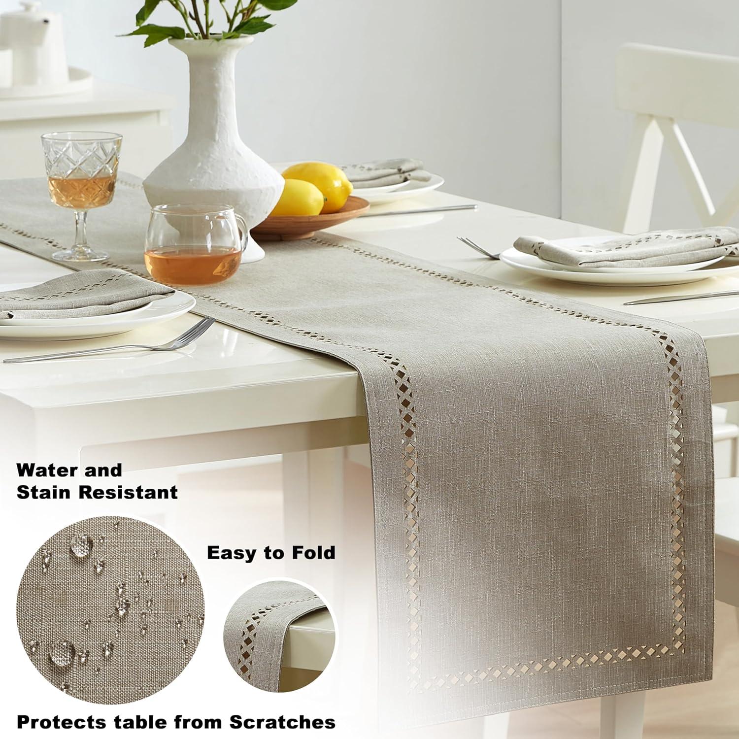 Newbridge Provence Lattice Cutwork Solid Color Textured Fabric Table Runner, 70 Inch Long, Taupe