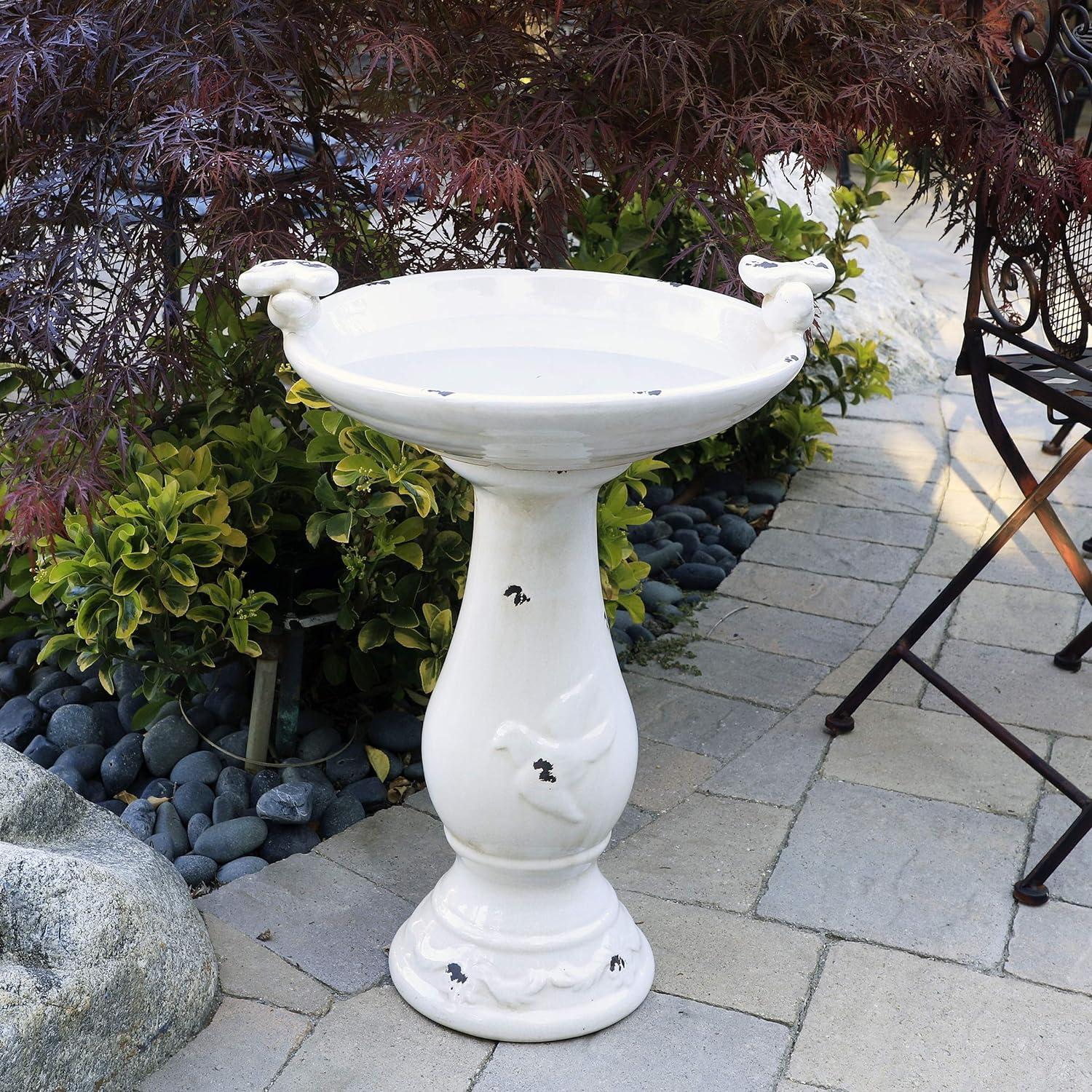 24" Antique Ceramic Birdbath With Birds - Brown - Alpine Corporation: Weather-Resistant, Freestanding Design