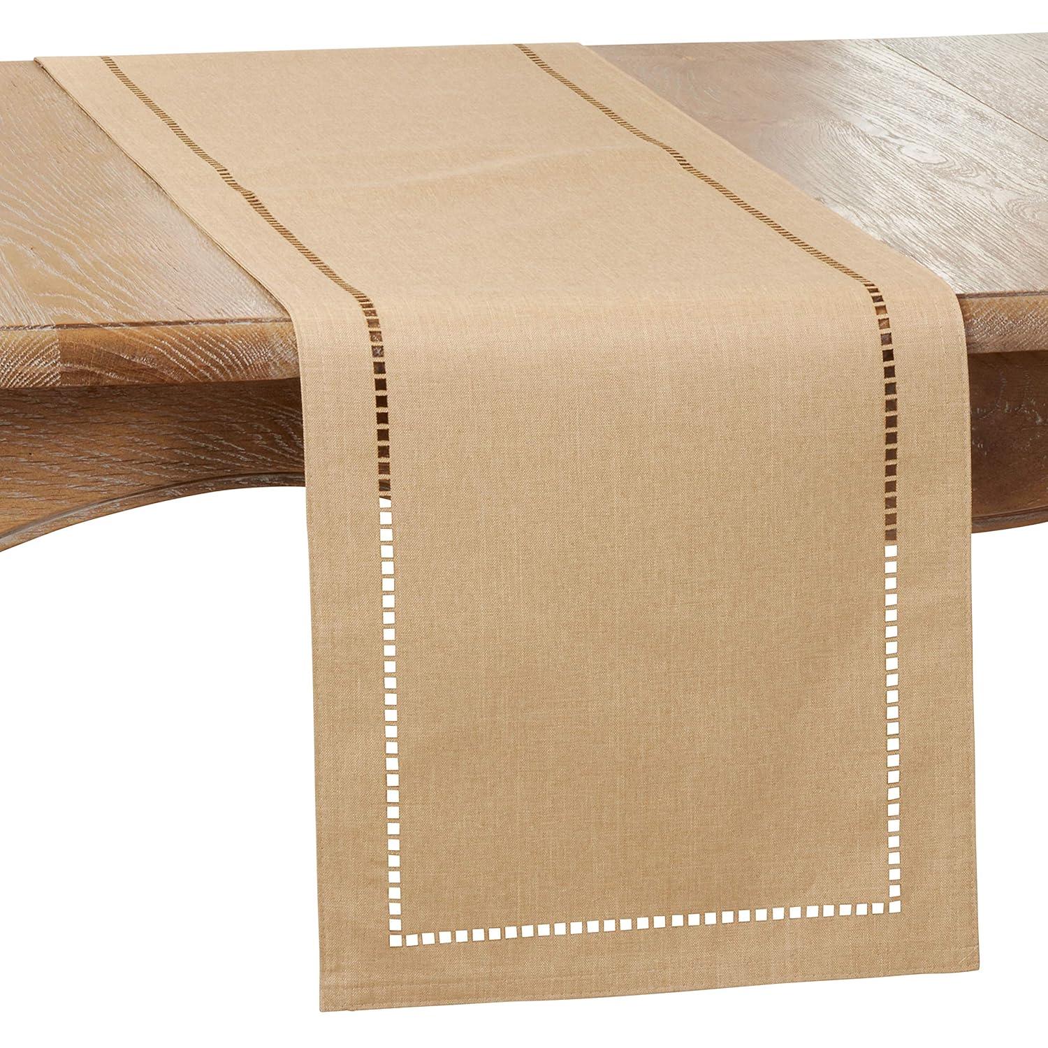 Saro Lifestyle Dining Table Runner With Laser-Cut Hemstitch Design, Natural, 14" x 108"